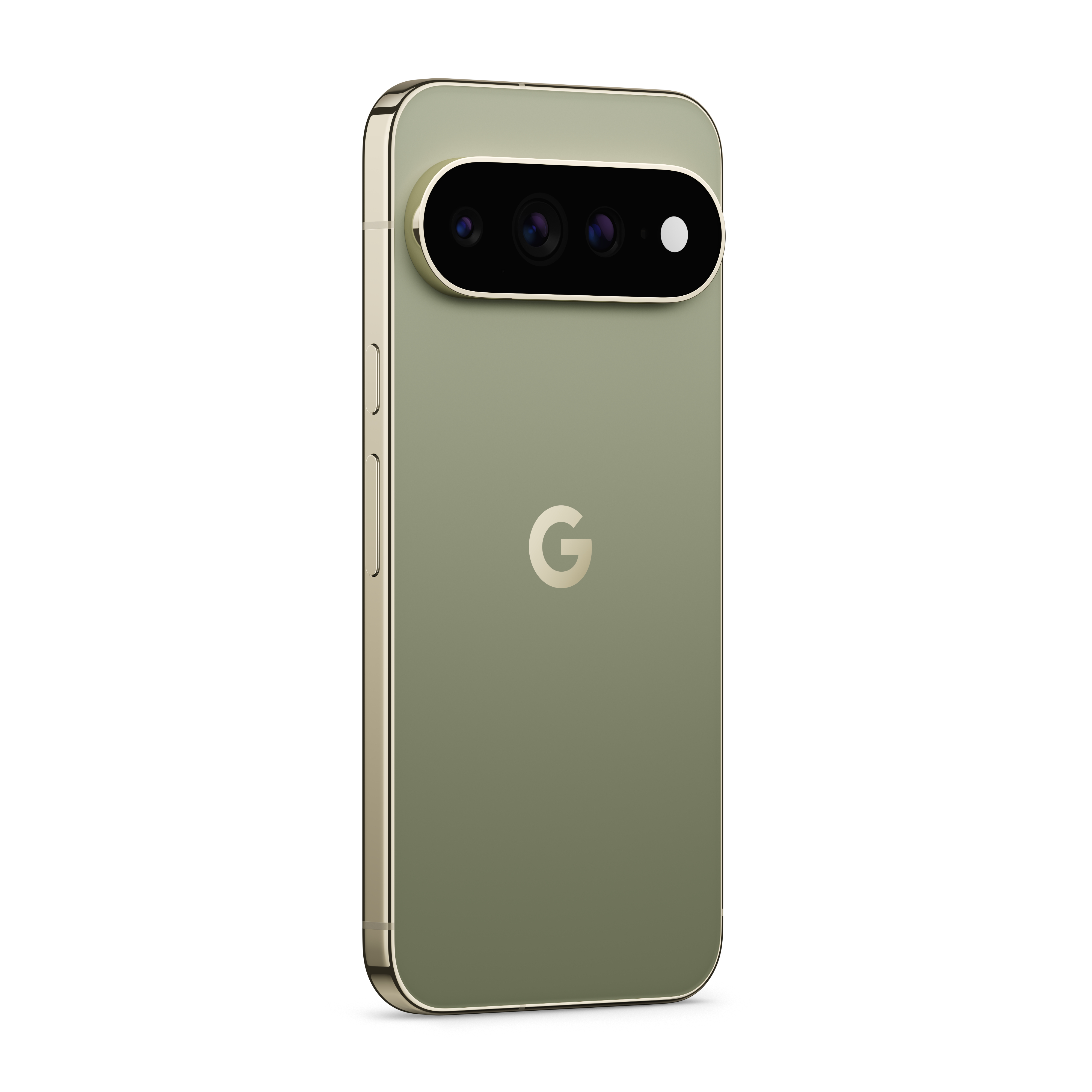 Rückansicht eines olivgrünen Smartphones mit einer horizontalen Dreifachkamera und dem Google-Logo in der Mitte.