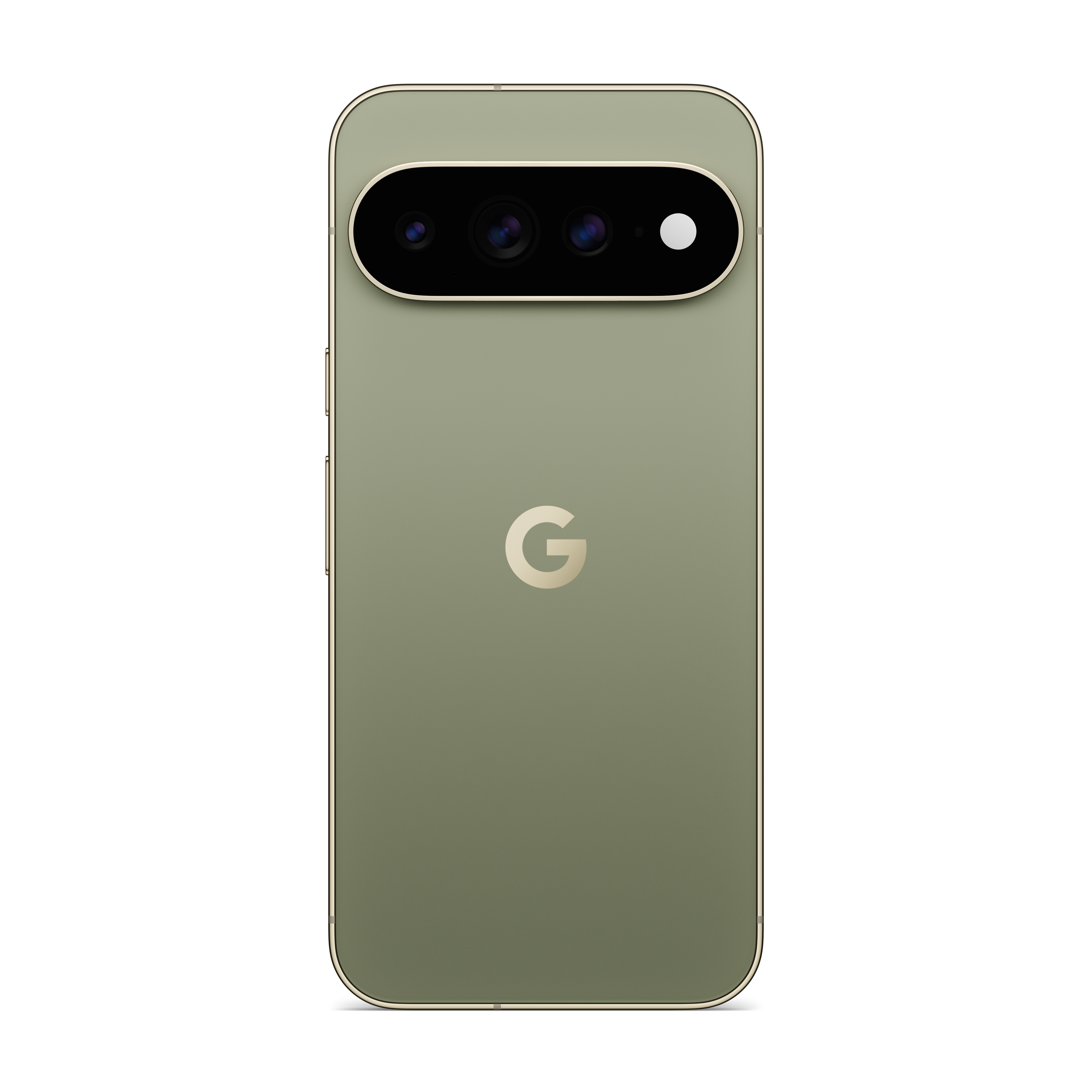 Rückseite eines hellgrünen Smartphones mit waagerechtem Kameramodul oben und einem goldenen G-Logo in der Mitte.