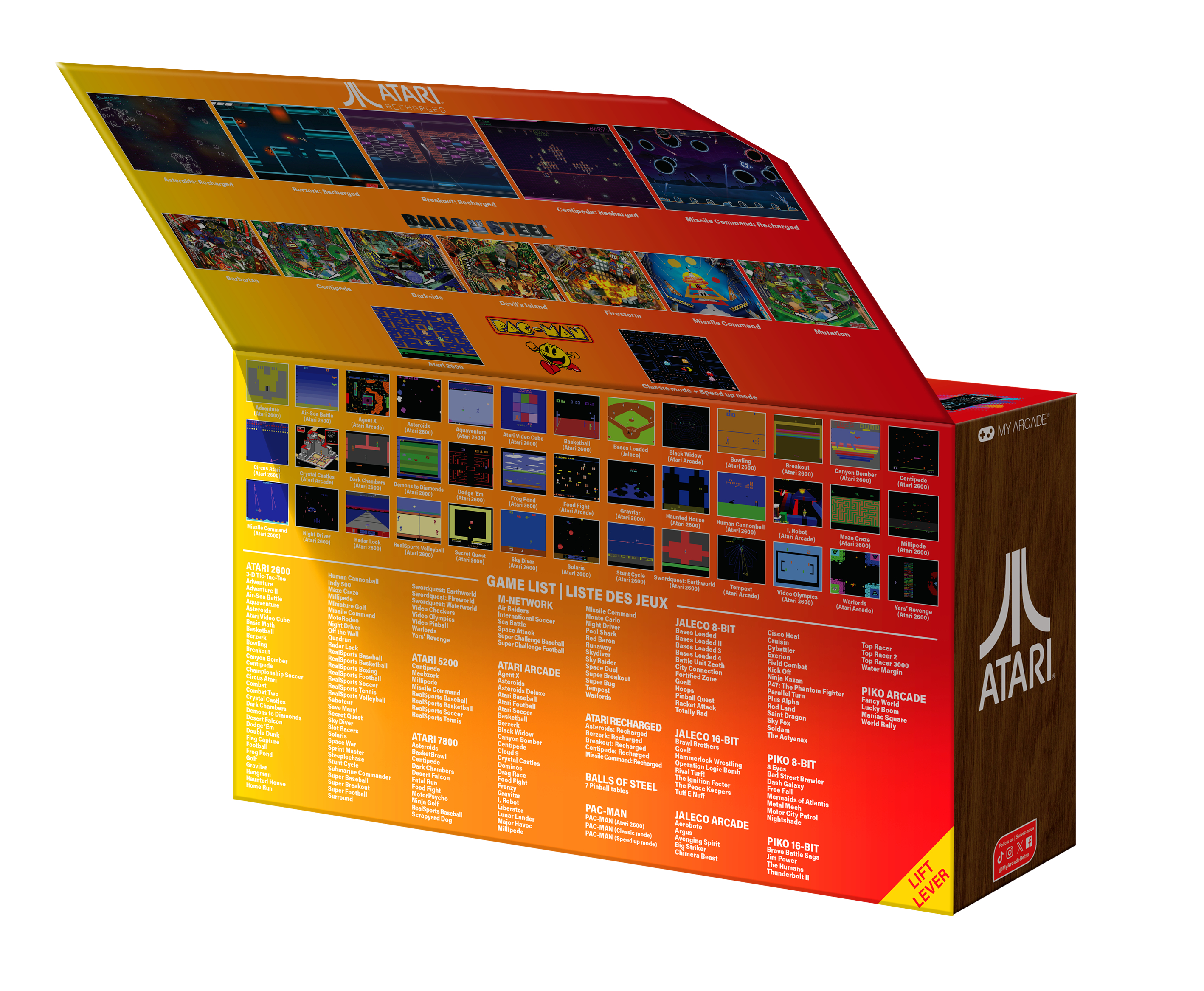 Atari-Retro-Spieleverpackung mit Spieleliste, Screenshots und dem Atari-Logo an der Seite.