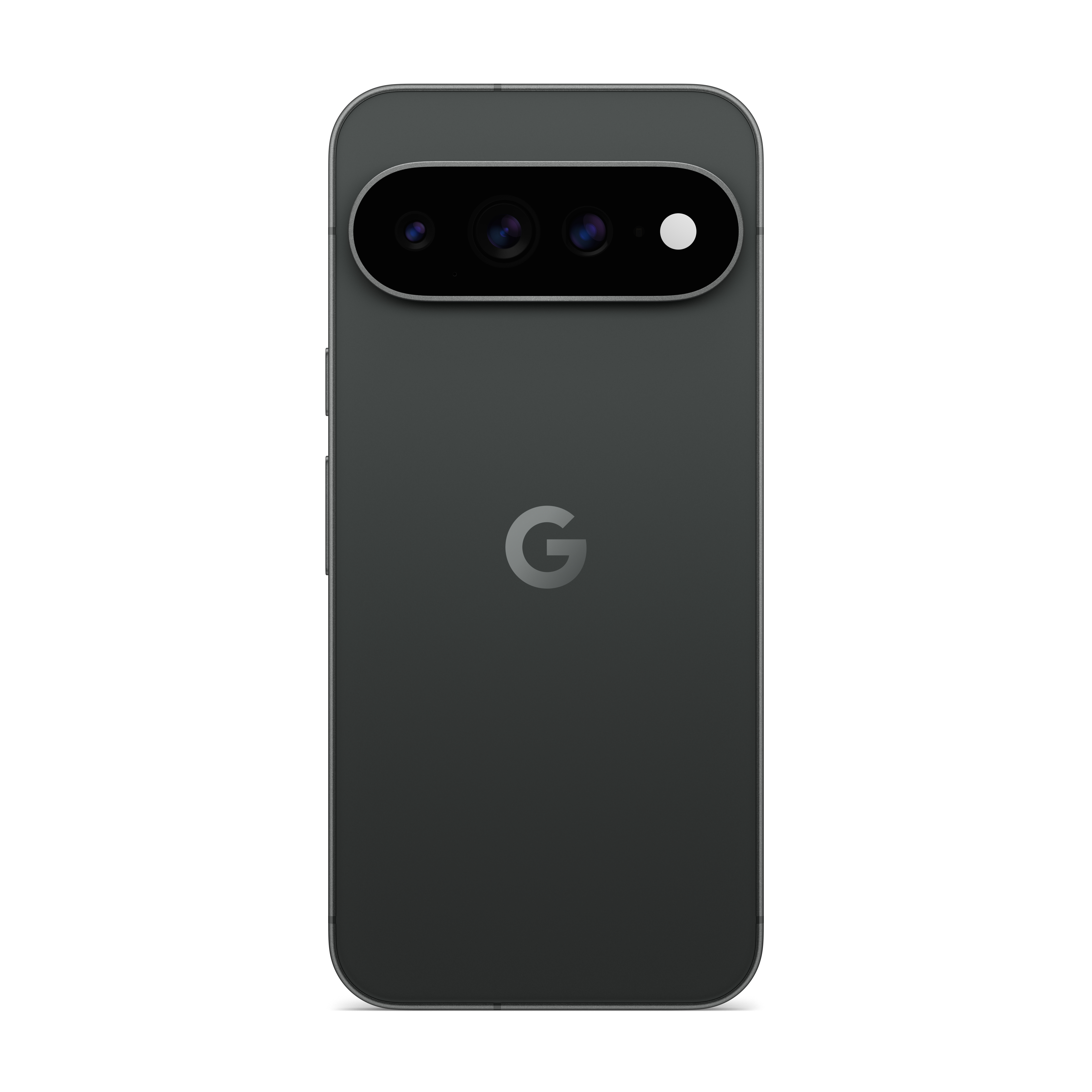 Rückseite eines dunklen Smartphones mit Google-Logo und horizontalem Kameramodul.