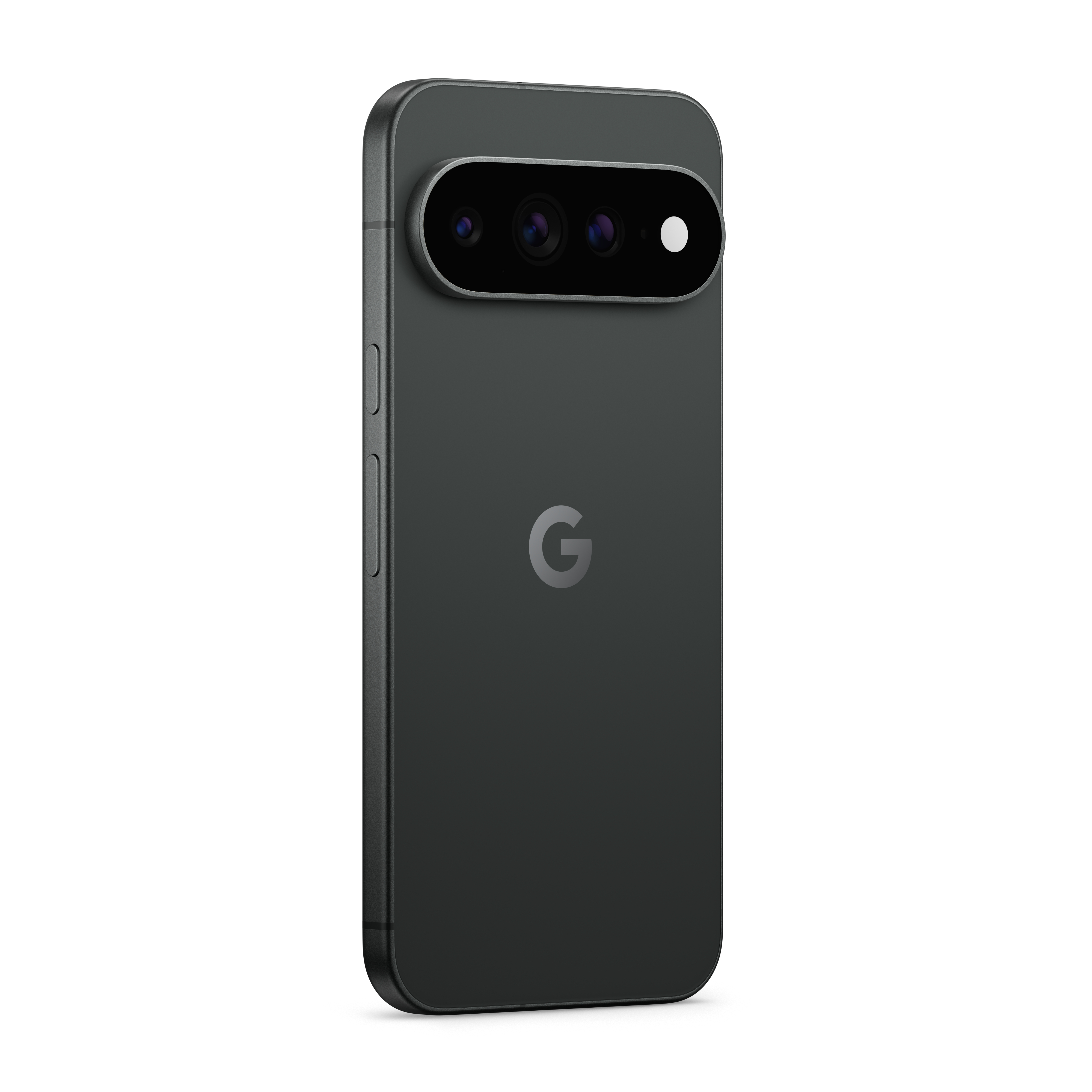 Rückseite eines dunklen Smartphones mit ovalem Kameramodul oben und Google-Logo in der Mitte.