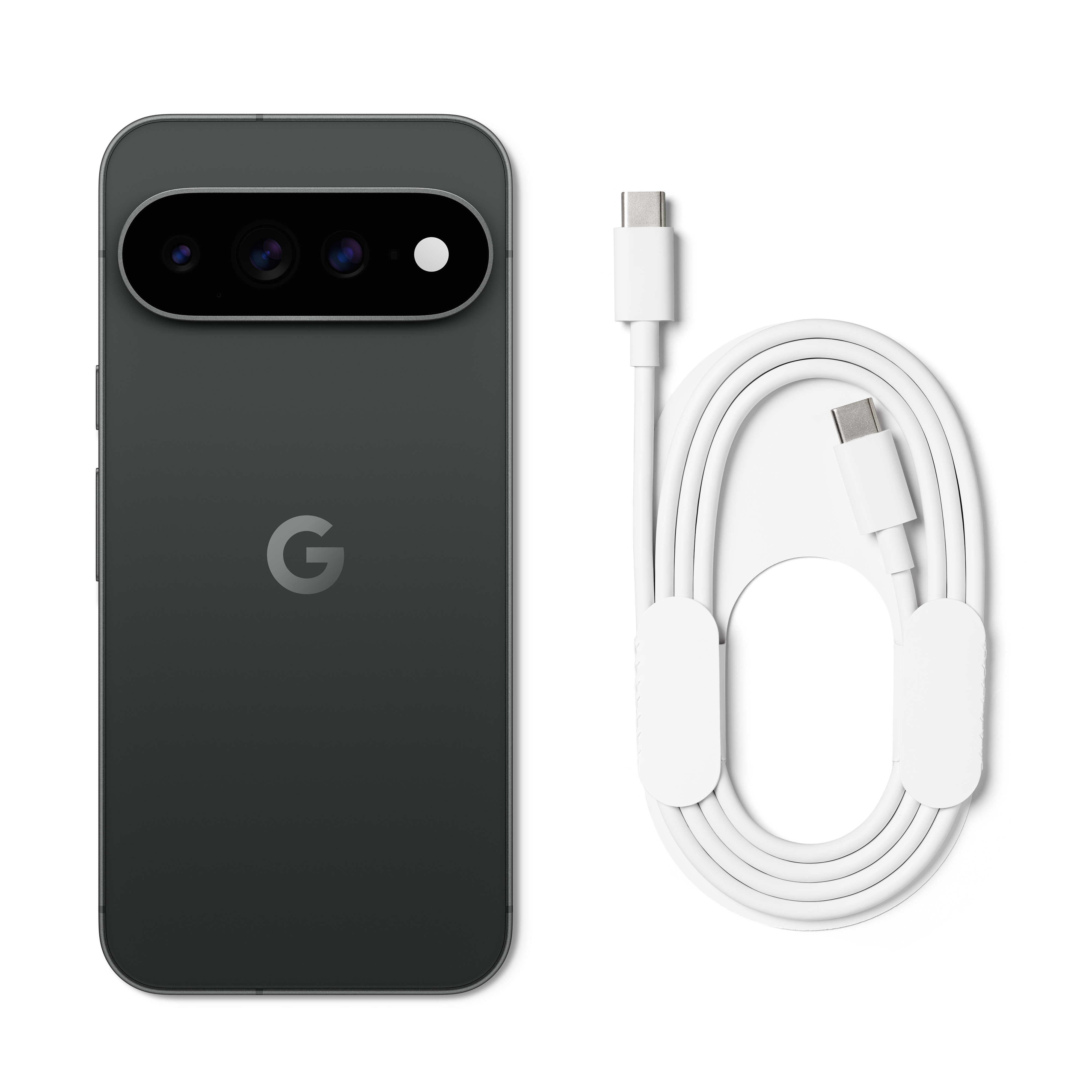 Dunkelgraues Google-Smartphone mit Kamera auf der Rückseite und daneben ein aufgerolltes weißes USB-C-Kabel.