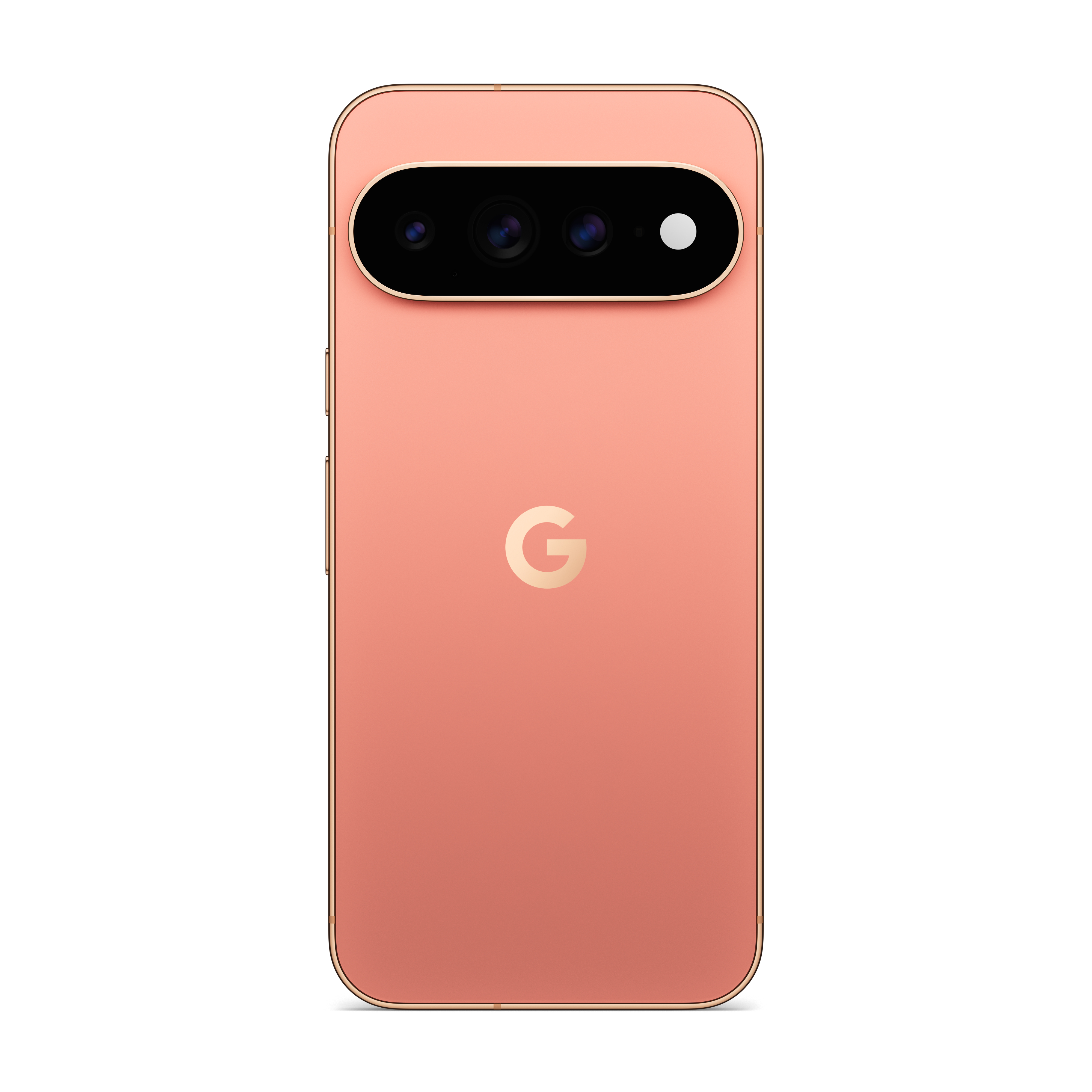 Rückseite eines rosa Smartphones mit einem horizontalen, ovalen Kameramodul oben und dem Google-Logo in der Mitte.