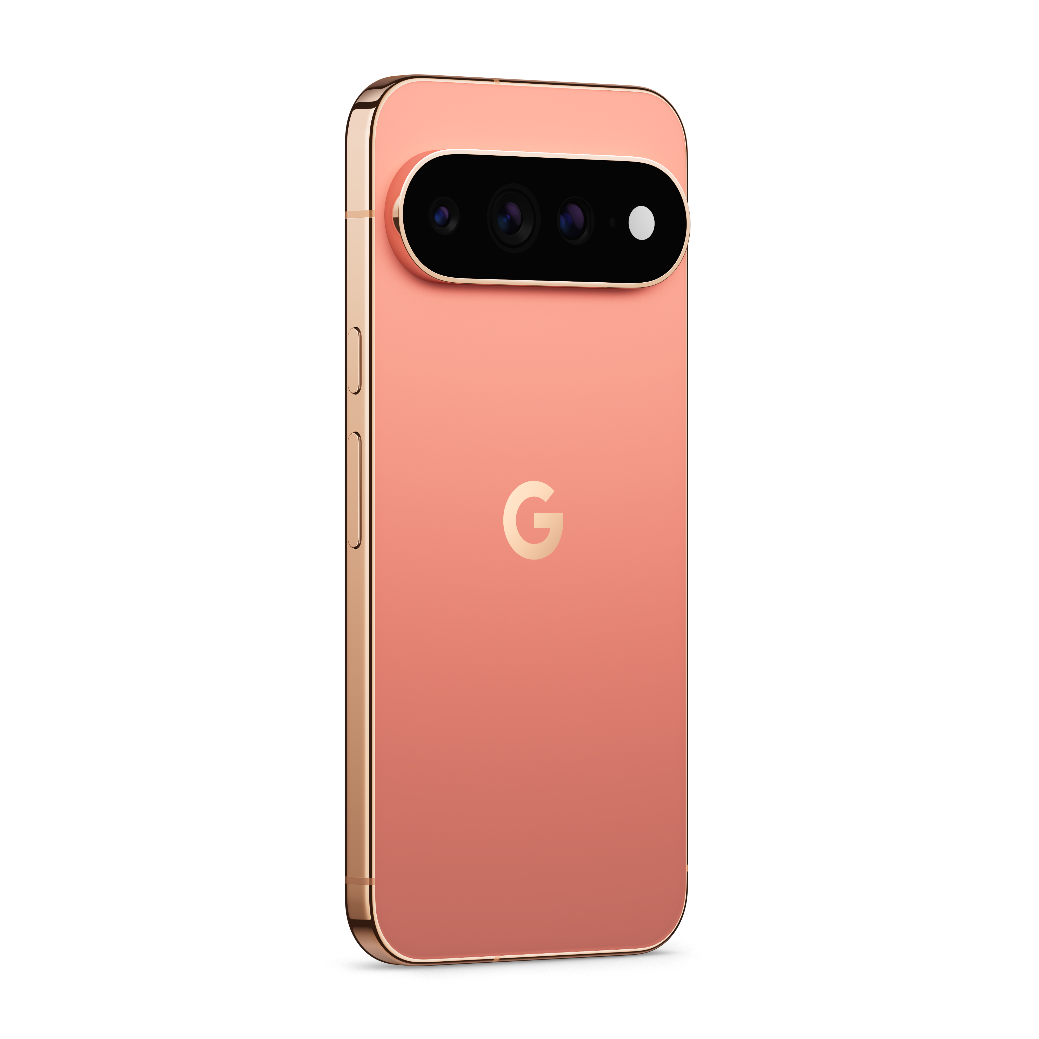 Rückseite eines pinkfarbenen Smartphones mit horizontalem Kameramodul und Google-Logo.