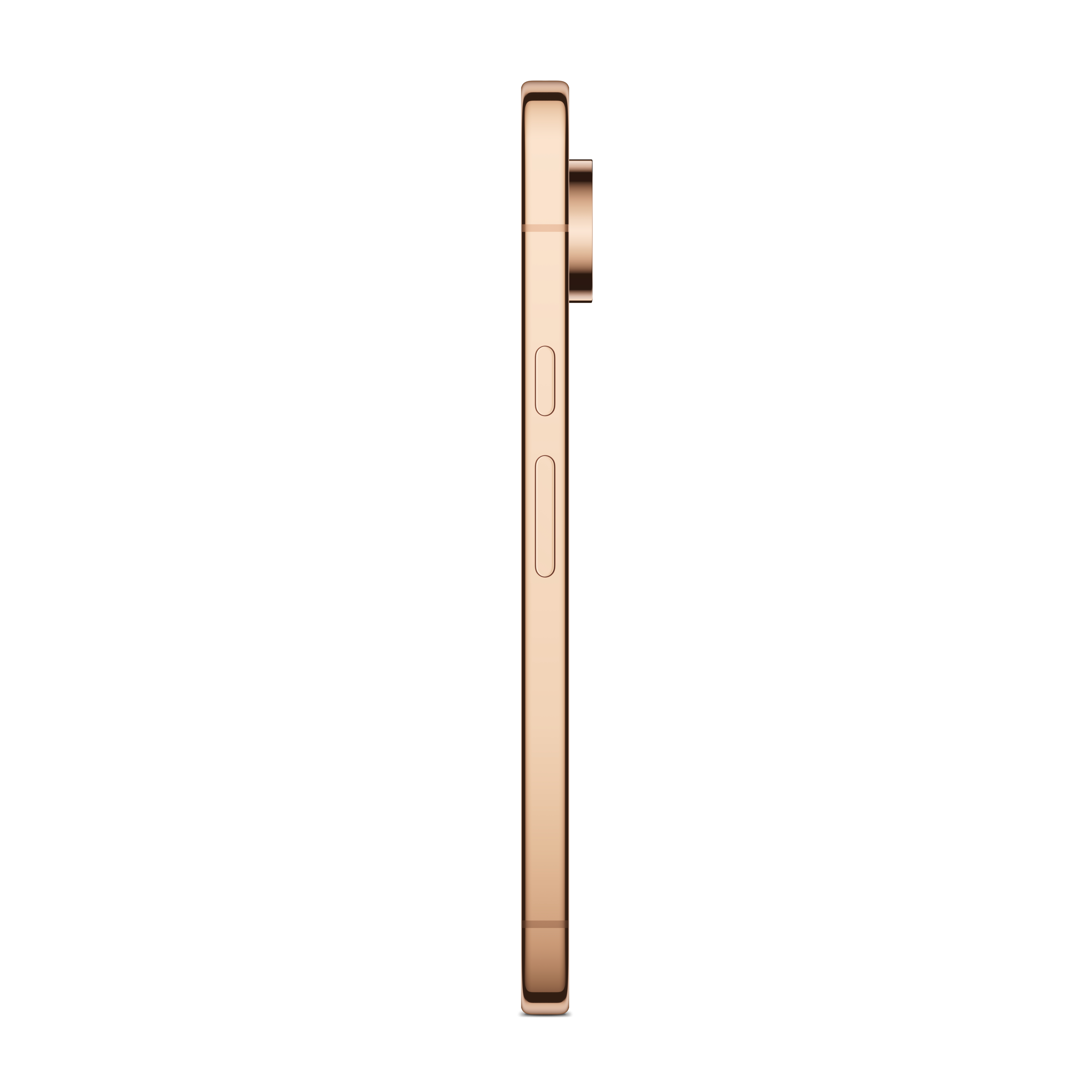 Seitenansicht eines roségoldenen Smartphones mit sichtbaren Knöpfen und Kameramodul auf weißem Hintergrund.