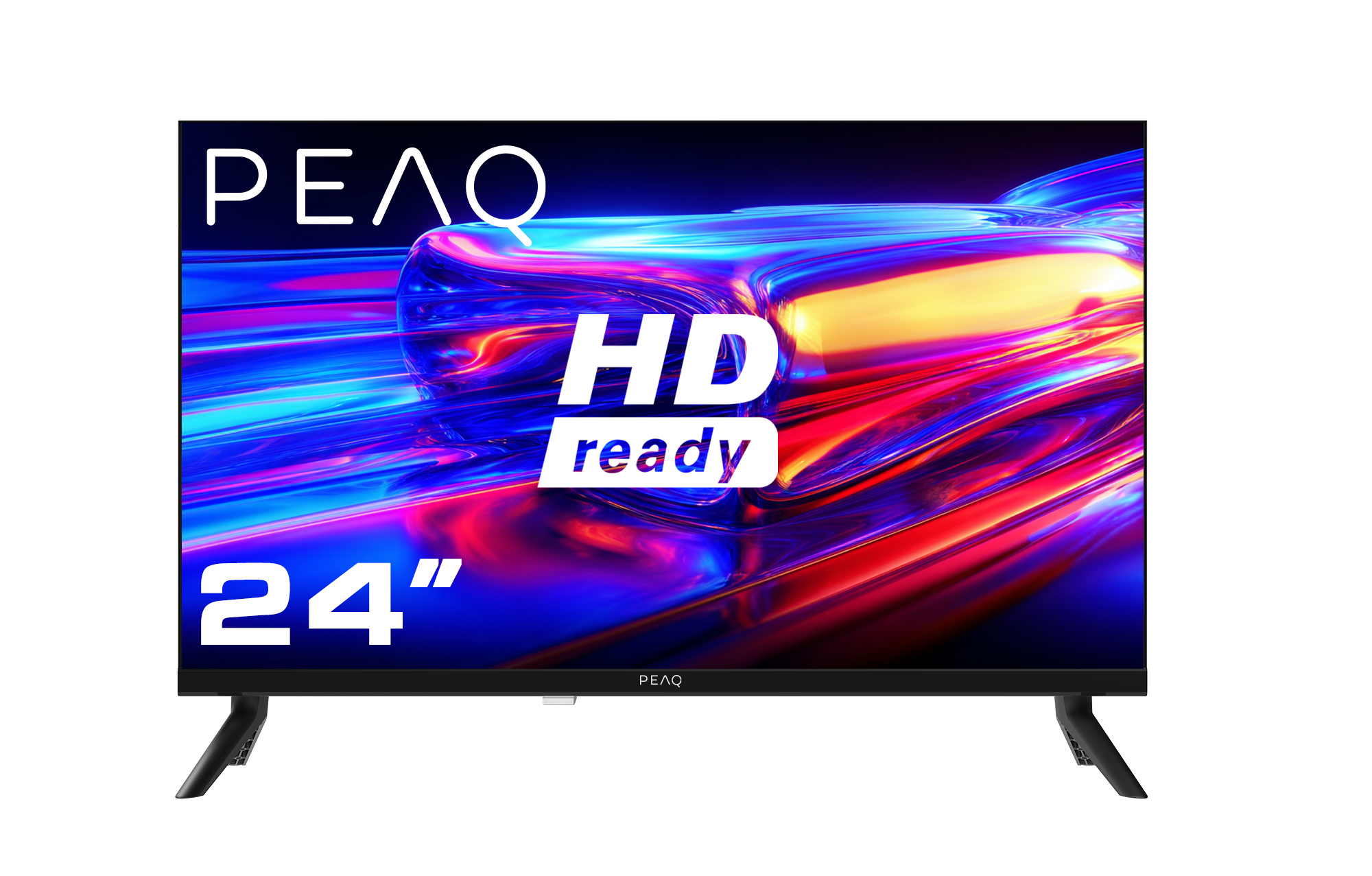 Ekranında renkli soyut grafikler olan PEAQ 24 inç HD ready televizyon.