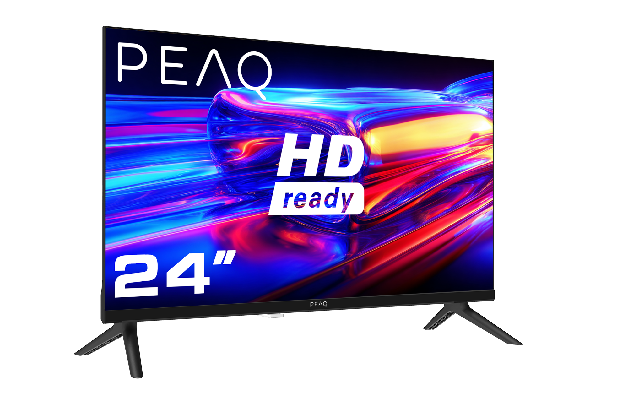 Siyah arka plan üzerinde renkli ekrana sahip 24 inç PEAQ HD Ready televizyon.