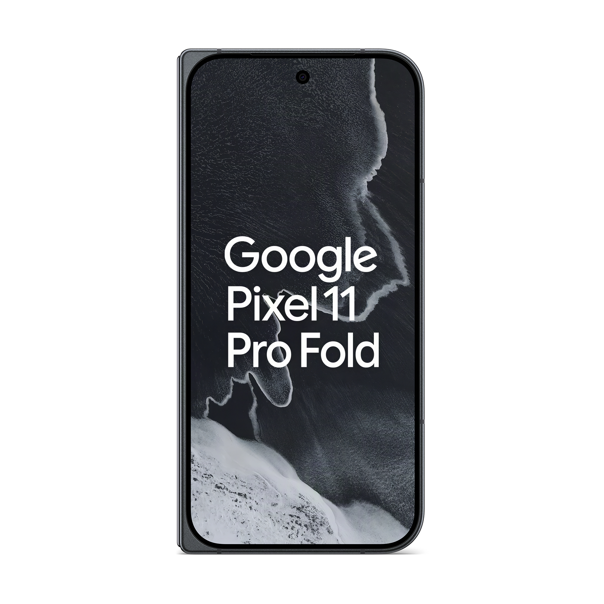 Ein schwarzes Google Pixel 11 Pro Fold Smartphone zeigt den Text Google Pixel 11 Pro Fold vor einem schwarz-weißen Hintergrund.