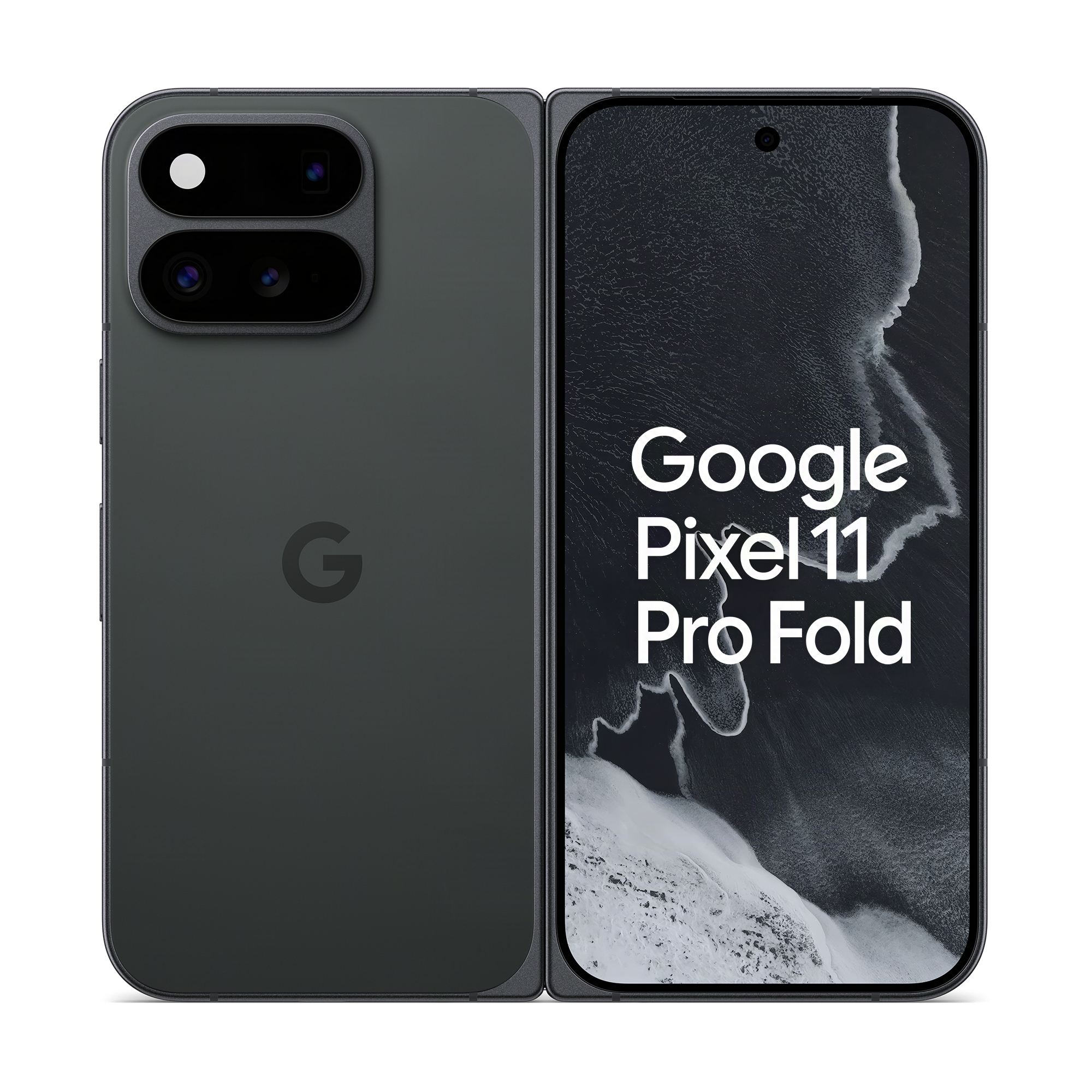 Das Google Pixel 11 Pro Fold in Dunkelgrau zeigt Vorder- und Rückseite mit Dual-Kamera und Branding.