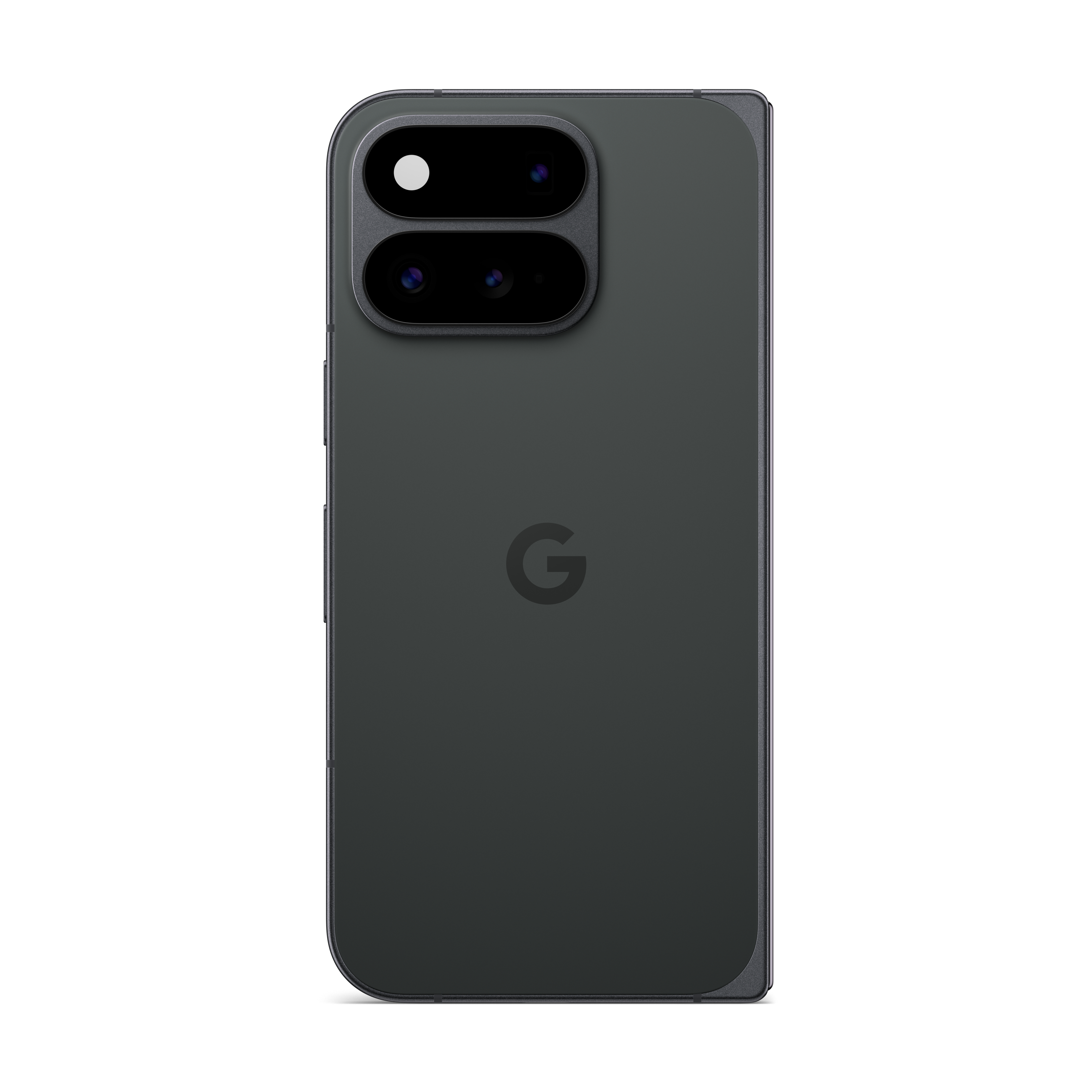 Rückseite eines dunkelgrauen Smartphones mit einer länglichen, pillenförmigen Kameraeinheit oben und einem Google-Logo.