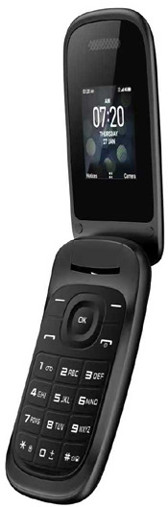 A black flip phone is open, displaying a digital clock on its screen and a physical keypad with white letters.