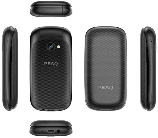 Multiple views of a black PEAQ flip phone from the front, back, sides, and top.
