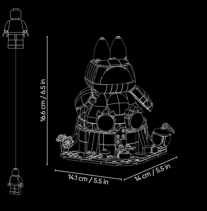Strichzeichnung einer Lego-Figur mit Maßen von 16.6 cm Höhe und einer Basis von 14.1 x 14 cm auf schwarzem Hintergrund.