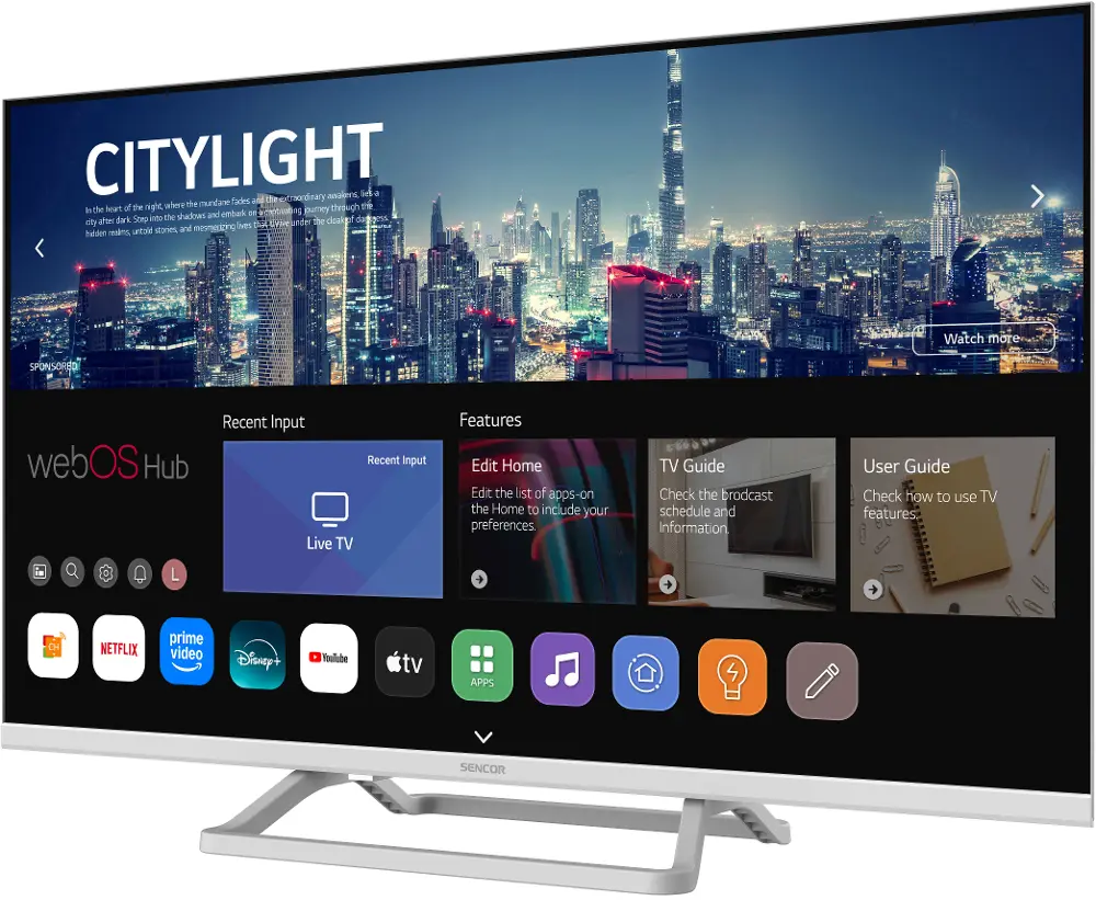 Egy Sencor TV mutatja a webOS Hub felületét éjszakai városképpel és alkalmazásikonokkal.
