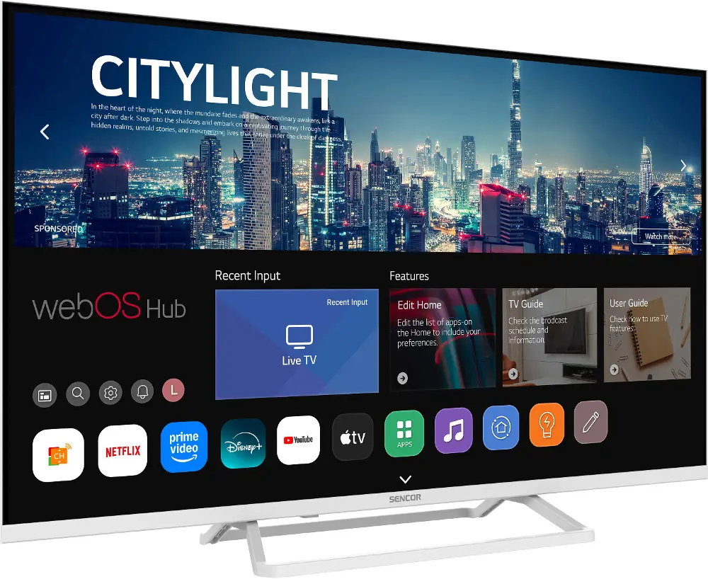 Egy Sencor TV a webOS Hubot mutatja olyan alkalmazásokkal, mint a Netflix és a Prime Video, egy kivilágított várossal.