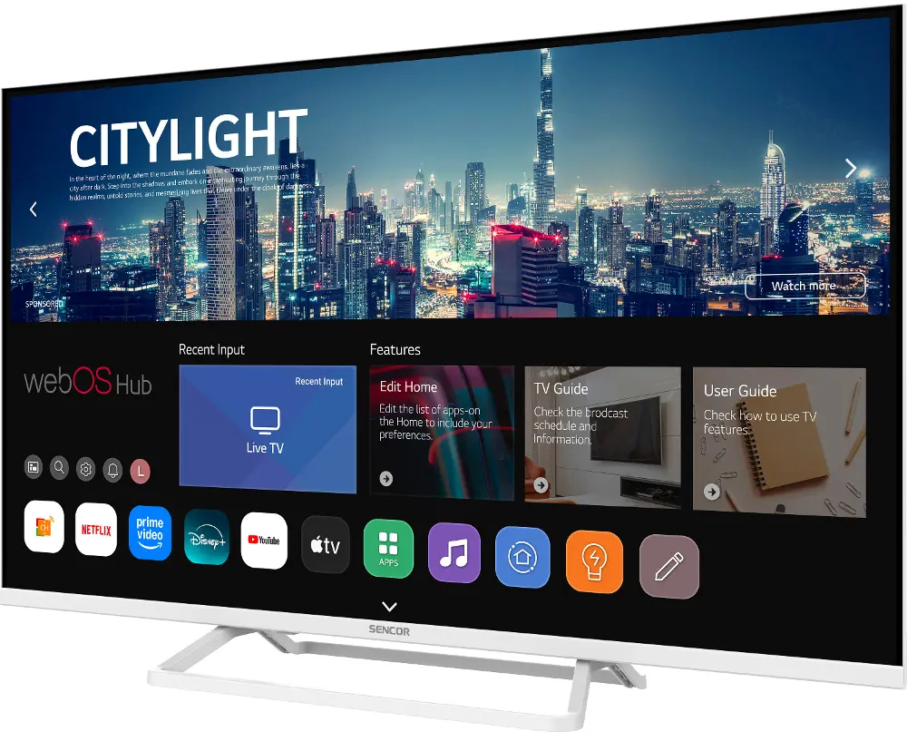Sencor TV webOS Hubbal, alkalmazásikonokkal és éjszakai várossal a tetején.