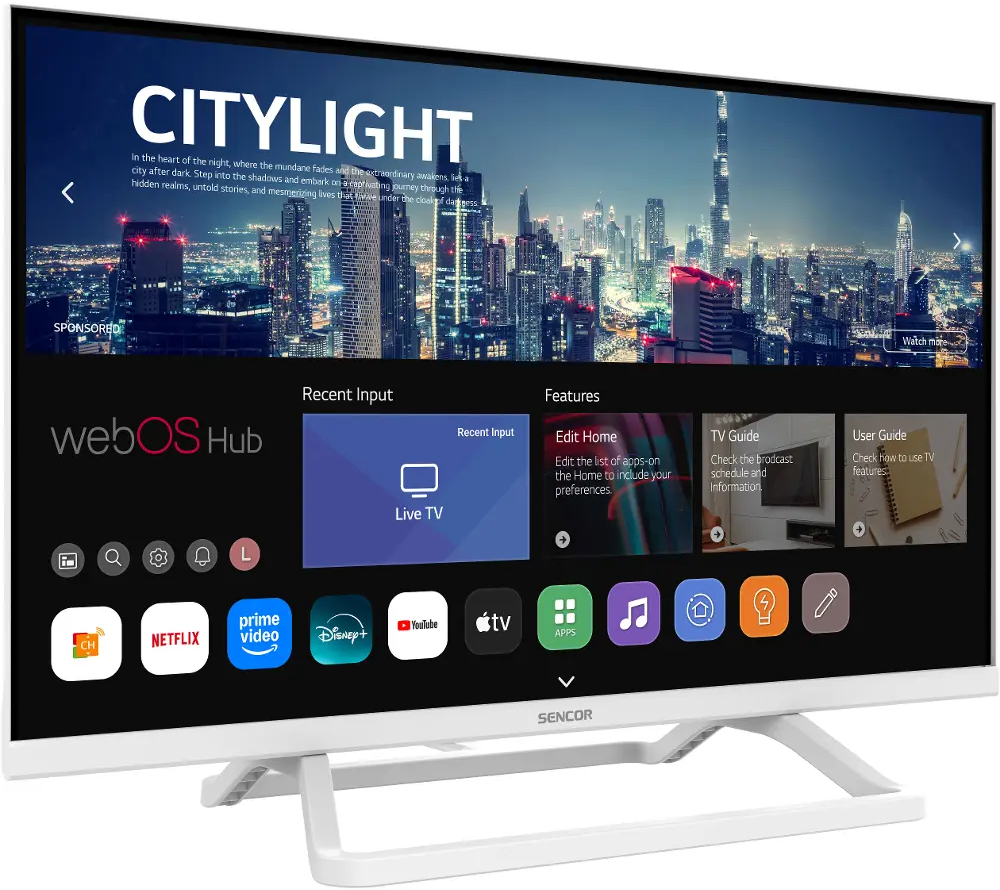 Egy Sencor okostévé webOS Hub felületet mutat egy éjszakai városkép háttérrel.
