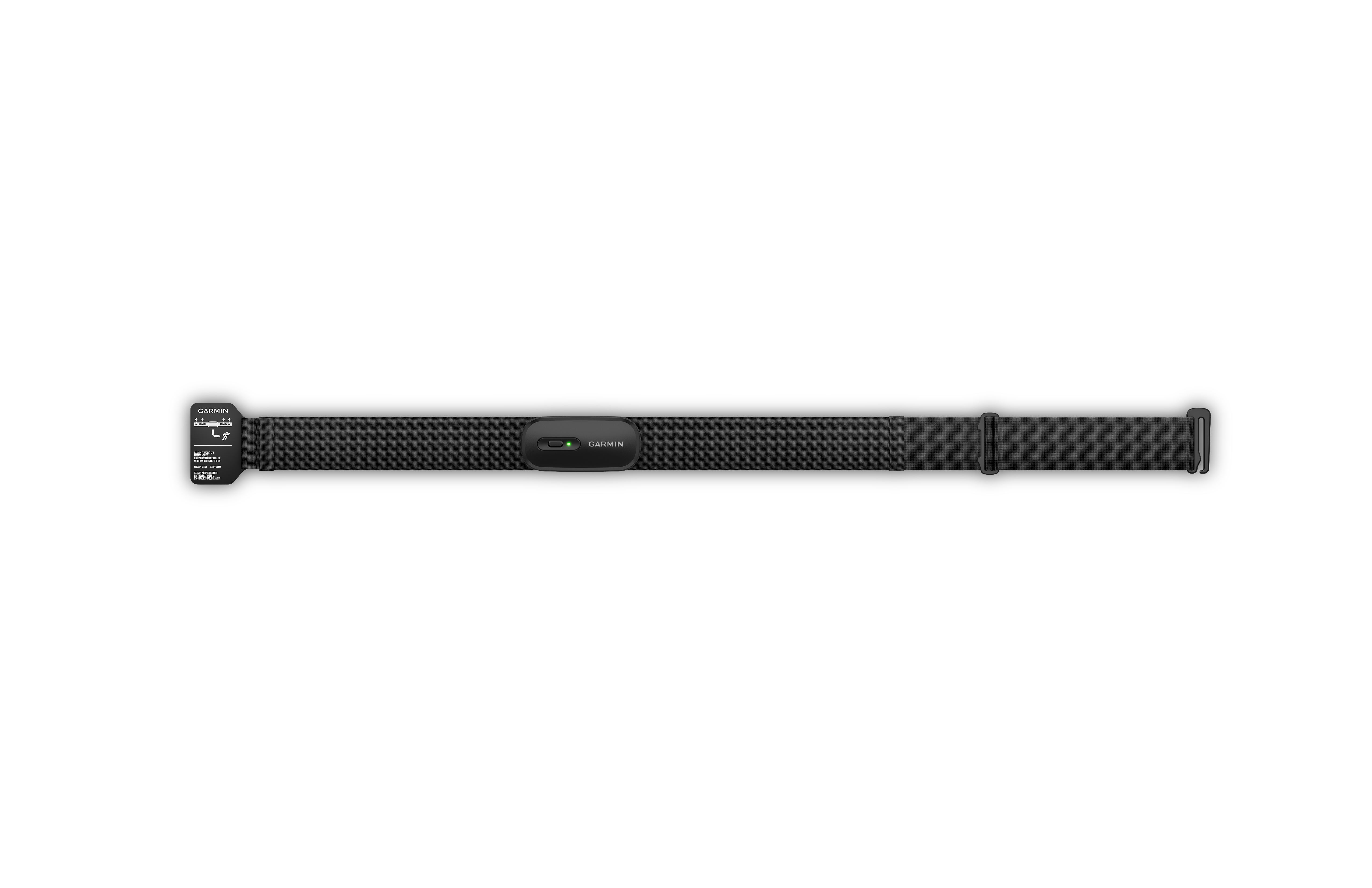 Schwarzer Garmin Herzfrequenz-Brustgurt mit Sensor und grüner LED auf weißem Hintergrund.