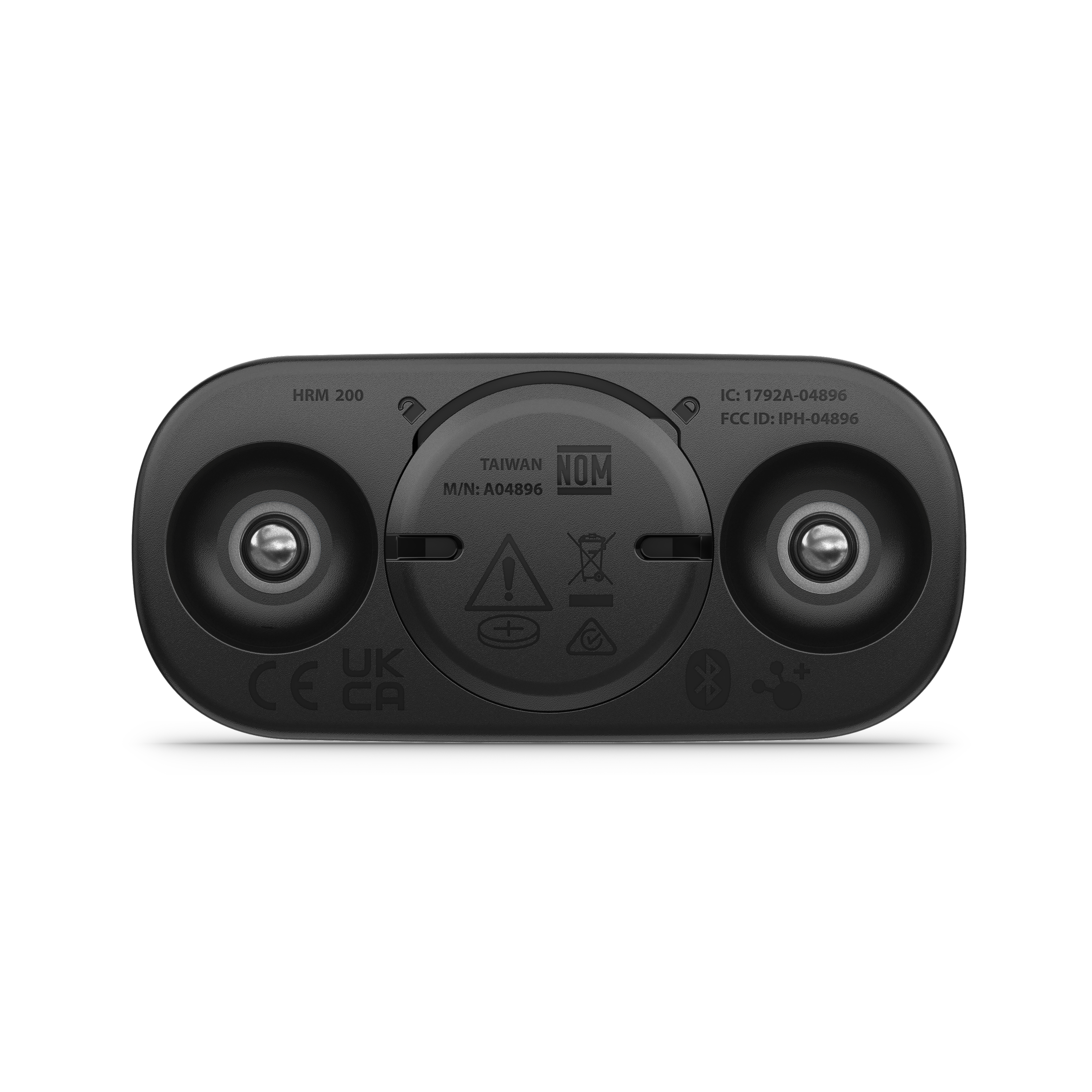 Rückseite eines schwarzen Herzfrequenzsensors mit Elektrodenkontakten, Batteriefach und Zertifizierungslogos.