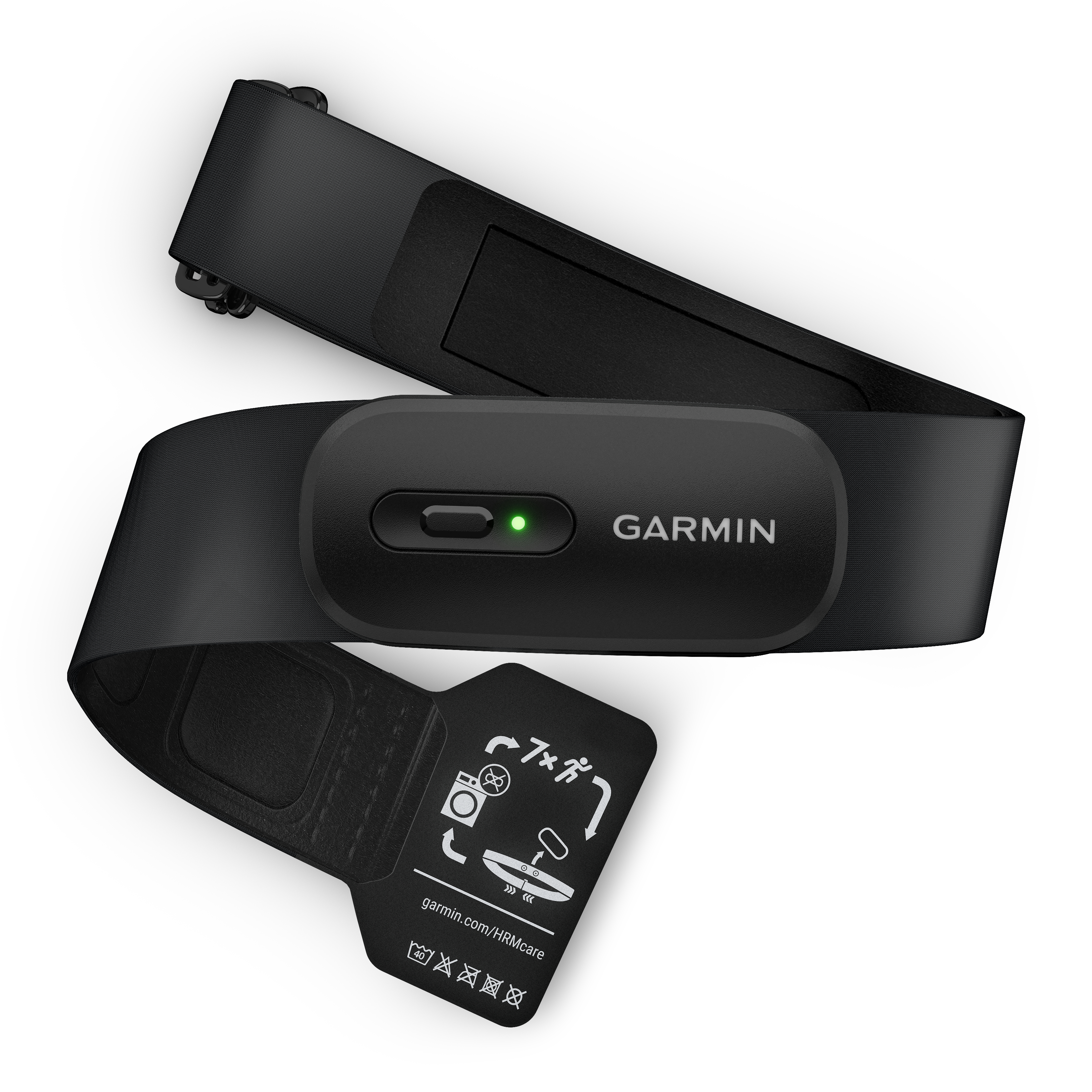 Ein schwarzer Garmin Herzfrequenz-Brustgurt mit einem kleinen grünen Licht und Pflegehinweisen auf der Unterseite.