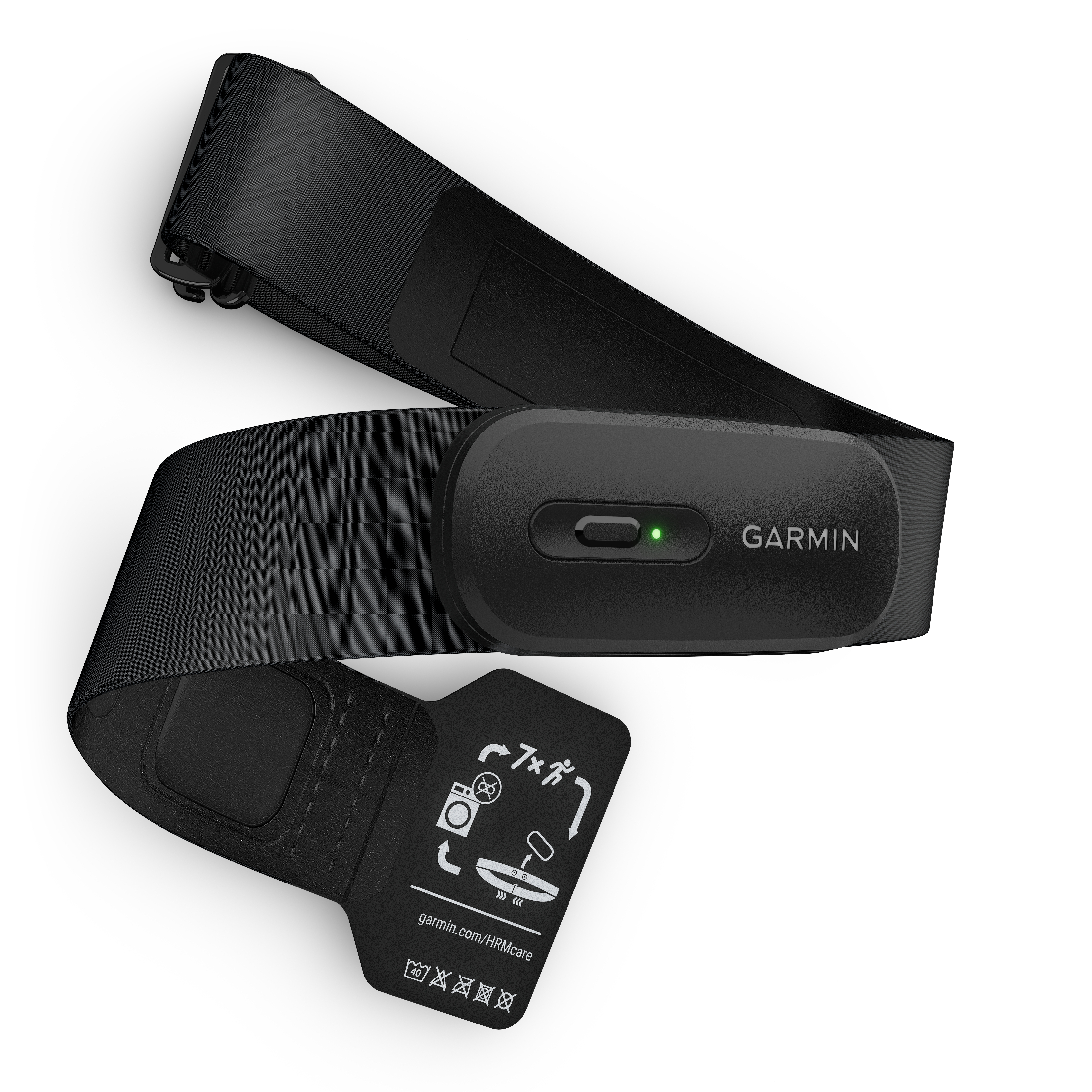 Schwarzer Garmin Herzfrequenz-Brustgurt mit grünem LED-Licht und Pflegeanleitung auf dem Etikett.