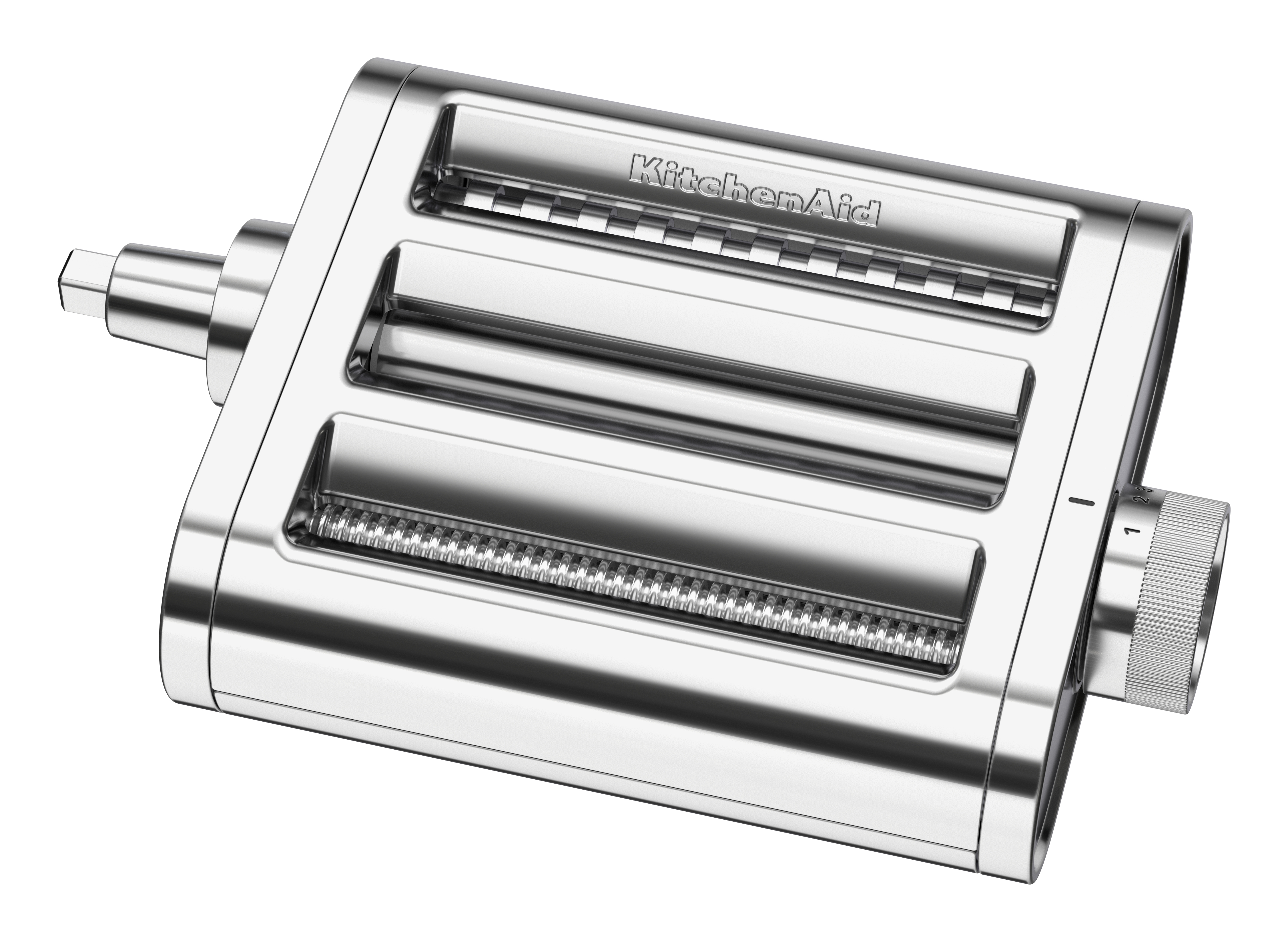 Ein silberner KitchenAid Nudelwalzen-Aufsatz auf weißem Hintergrund.
