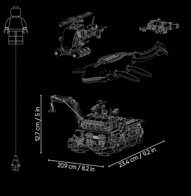 Linienzeichnung von Lego-Sets mit Boot, Hubschrauber und Meereskreatur sowie Maßangaben.