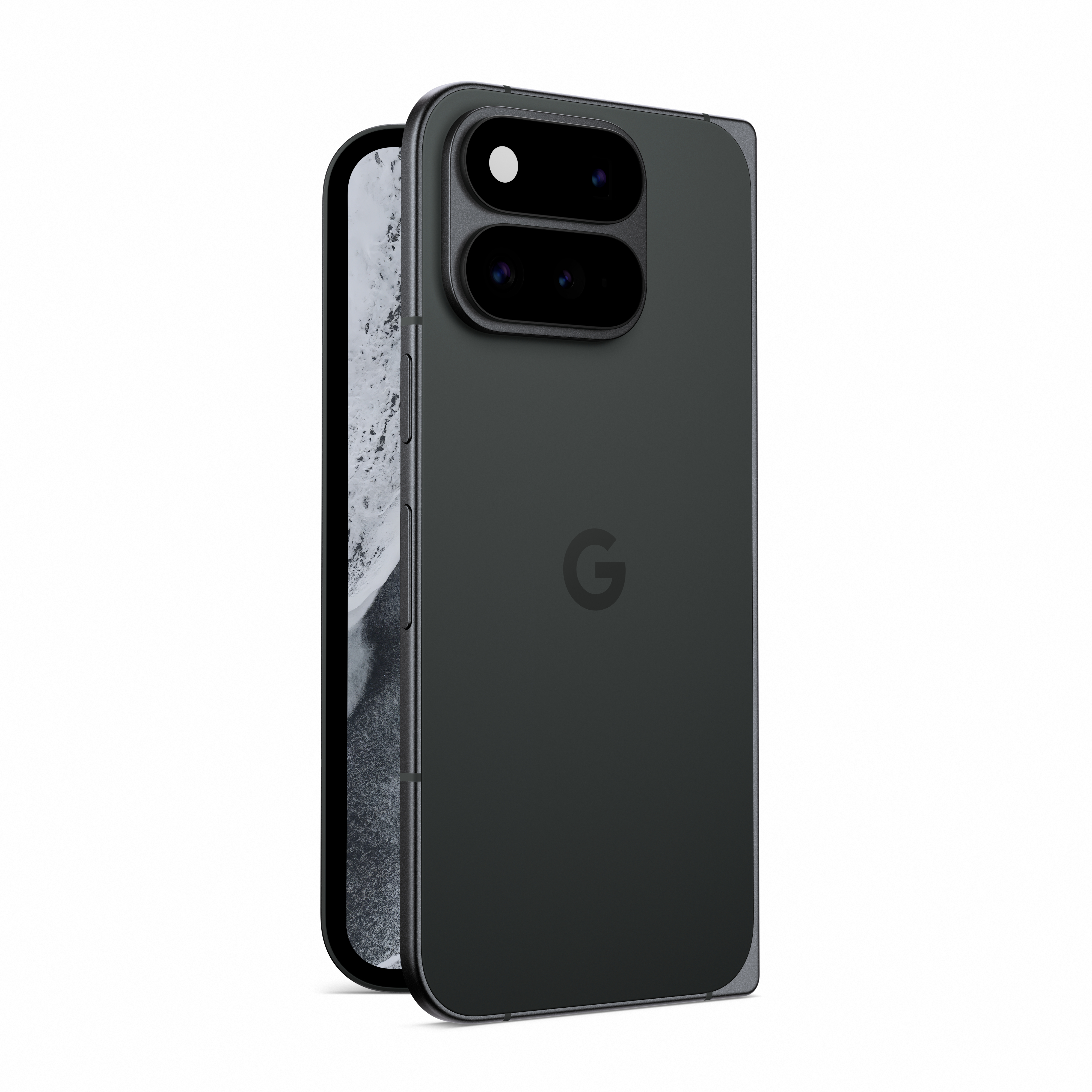 Ein dunkles faltbares Smartphone mit zwei Kameramodulen auf der Rückseite und dem Google-Logo in der Mitte.