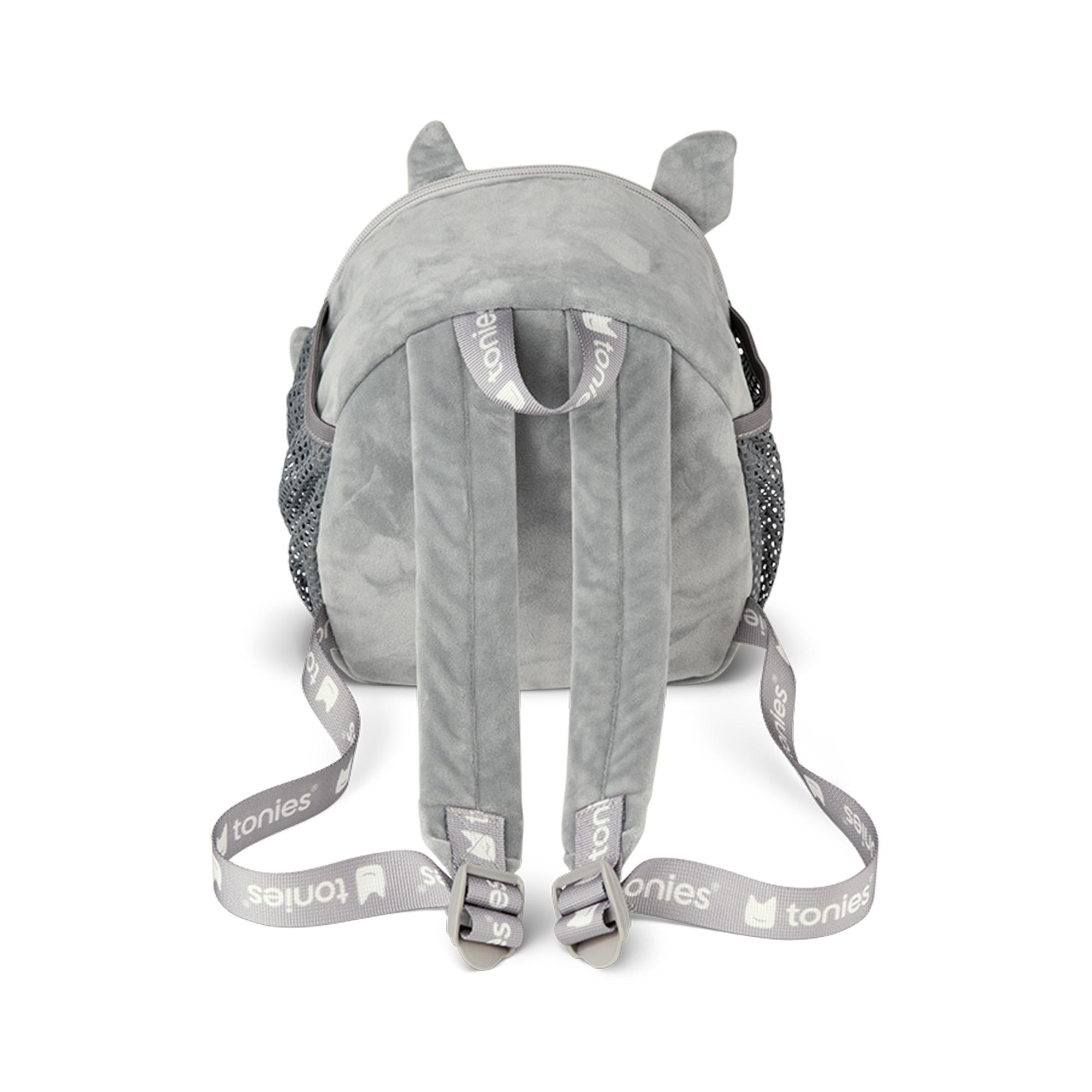 Grauer Plüschrucksack von hinten mit Trägern und Aufdruck.