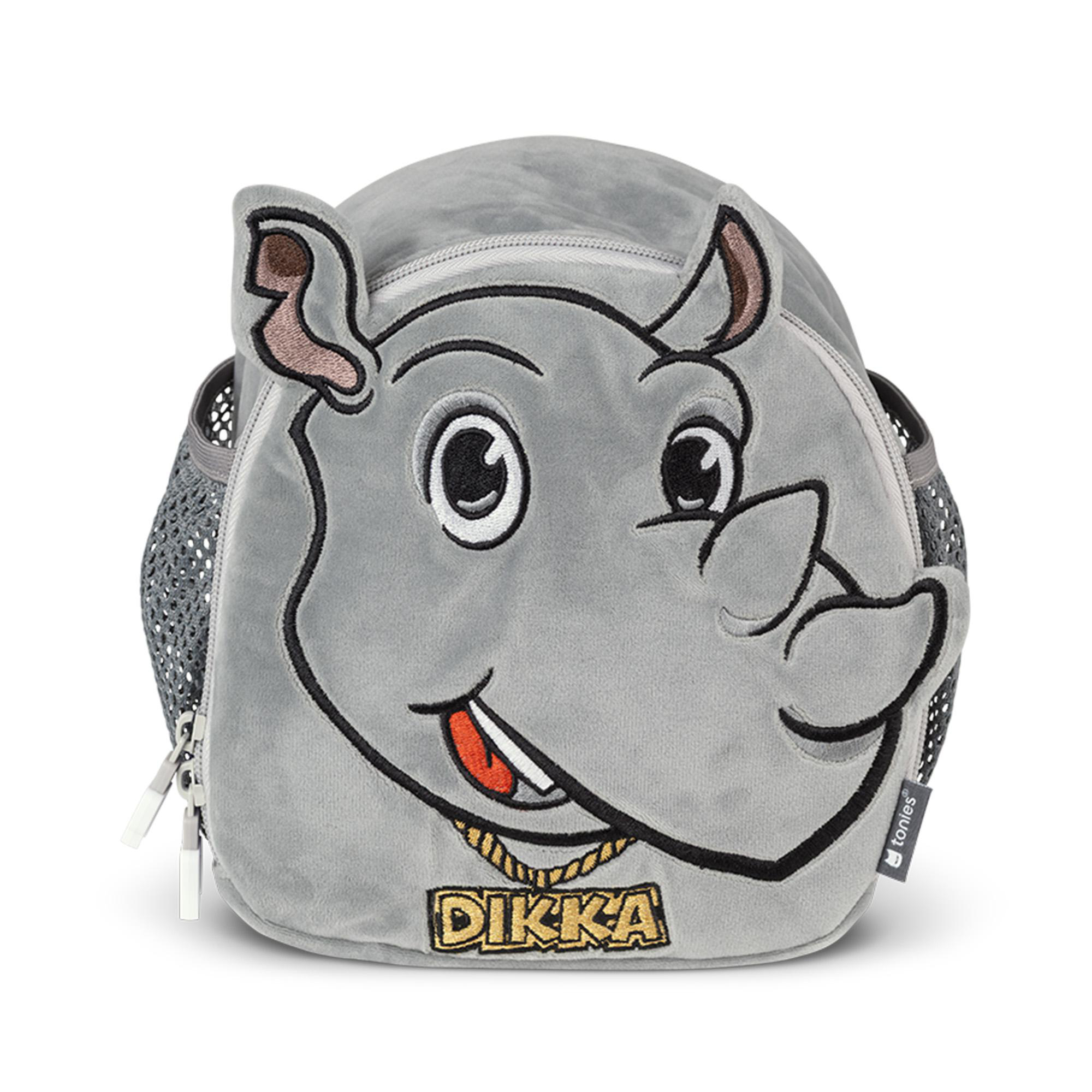 Grauer Rucksack in Nashorn-Form mit großen Augen, Horn und dem goldenen Schriftzug DIKKA auf weißem Hintergrund.