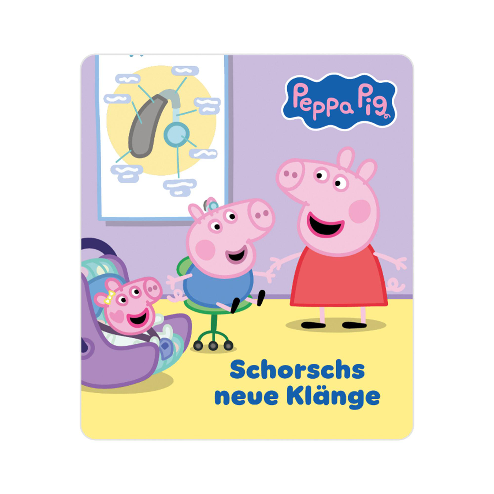 Peppa Pig Illustration mit Gehörschutz-Diagramm im Hintergrund.