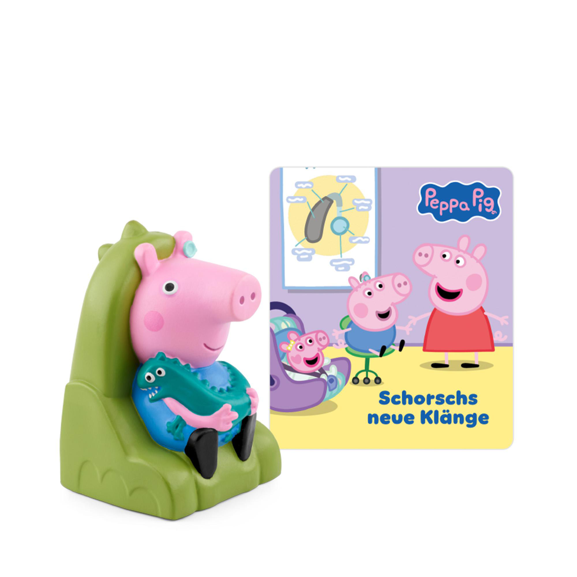 Peppa Pig George-Figur im grünen Sessel neben einer Hörspielkarte.