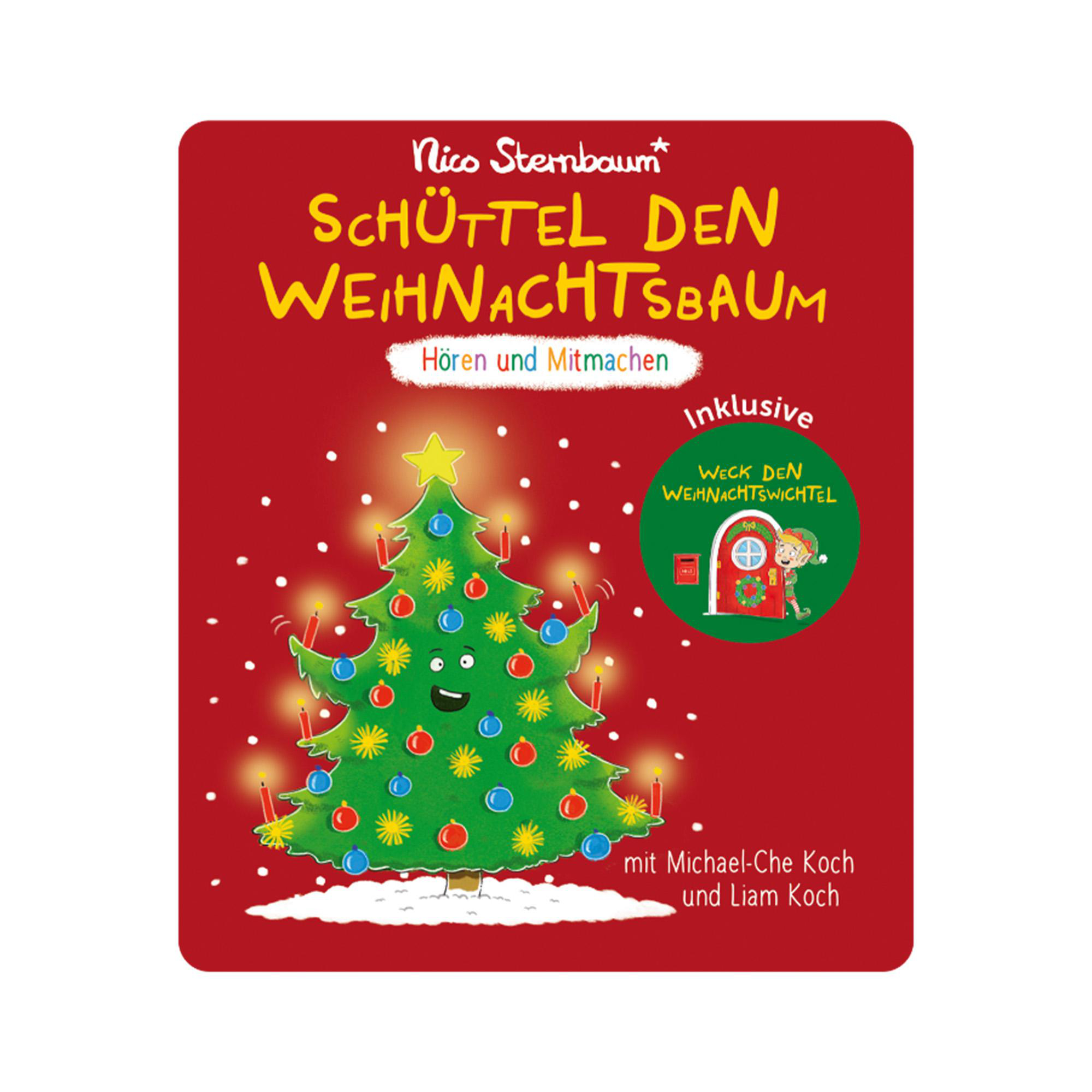 Ein rotes Kinderbuchcover zeigt einen geschmückten, fröhlichen Weihnachtsbaum mit gelbem Stern und fallendem Schnee.