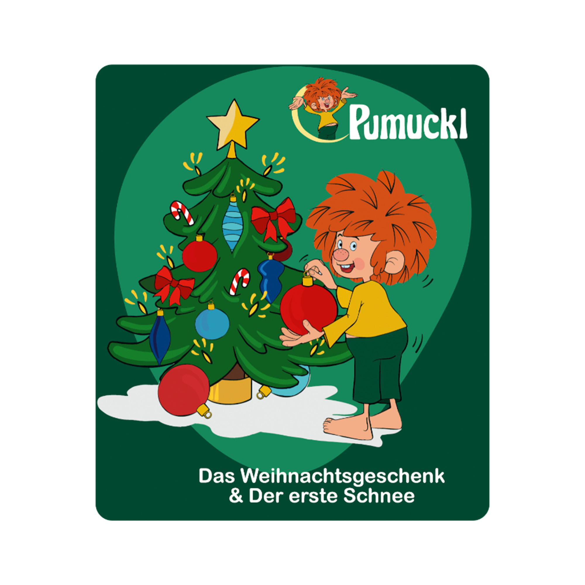 Pumuckl mit roten Haaren dekoriert einen grünen Weihnachtsbaum auf grünem Hintergrund.