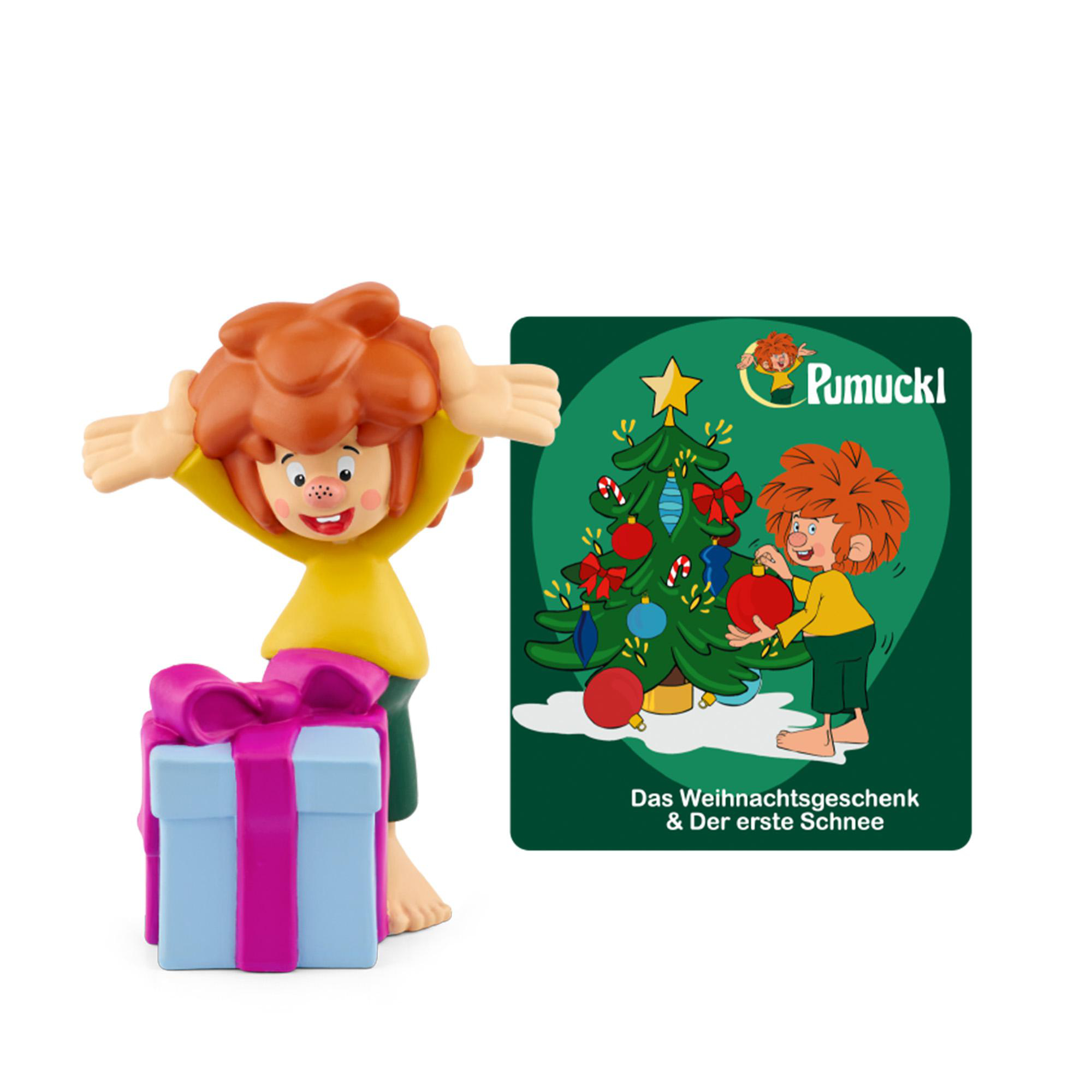 Pumuckl-Figur neben einem Geschenk und einer Pumuckl-Weihnachtskarte.