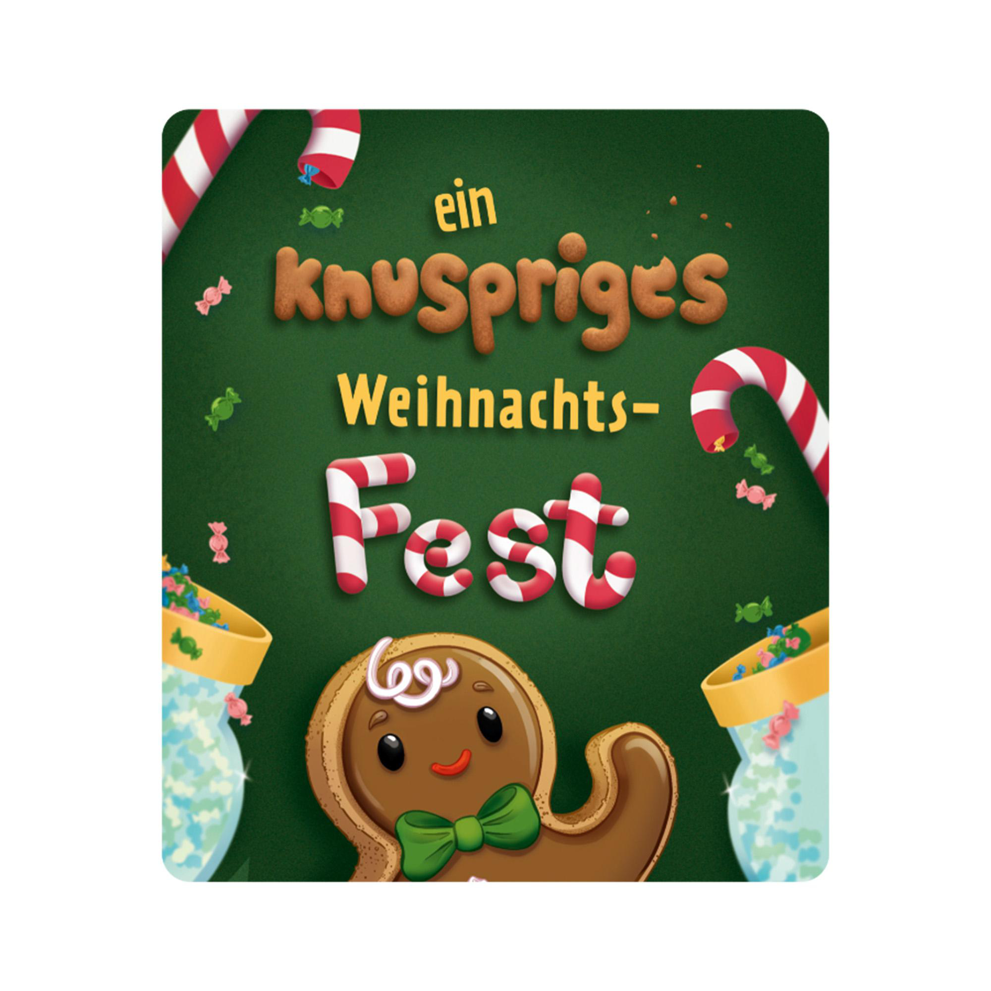 Festliche grüne Weihnachtskarte mit Lebkuchenmann, Zuckerstangen und dem Text Ein knuspriges Weihnachts-Fest.