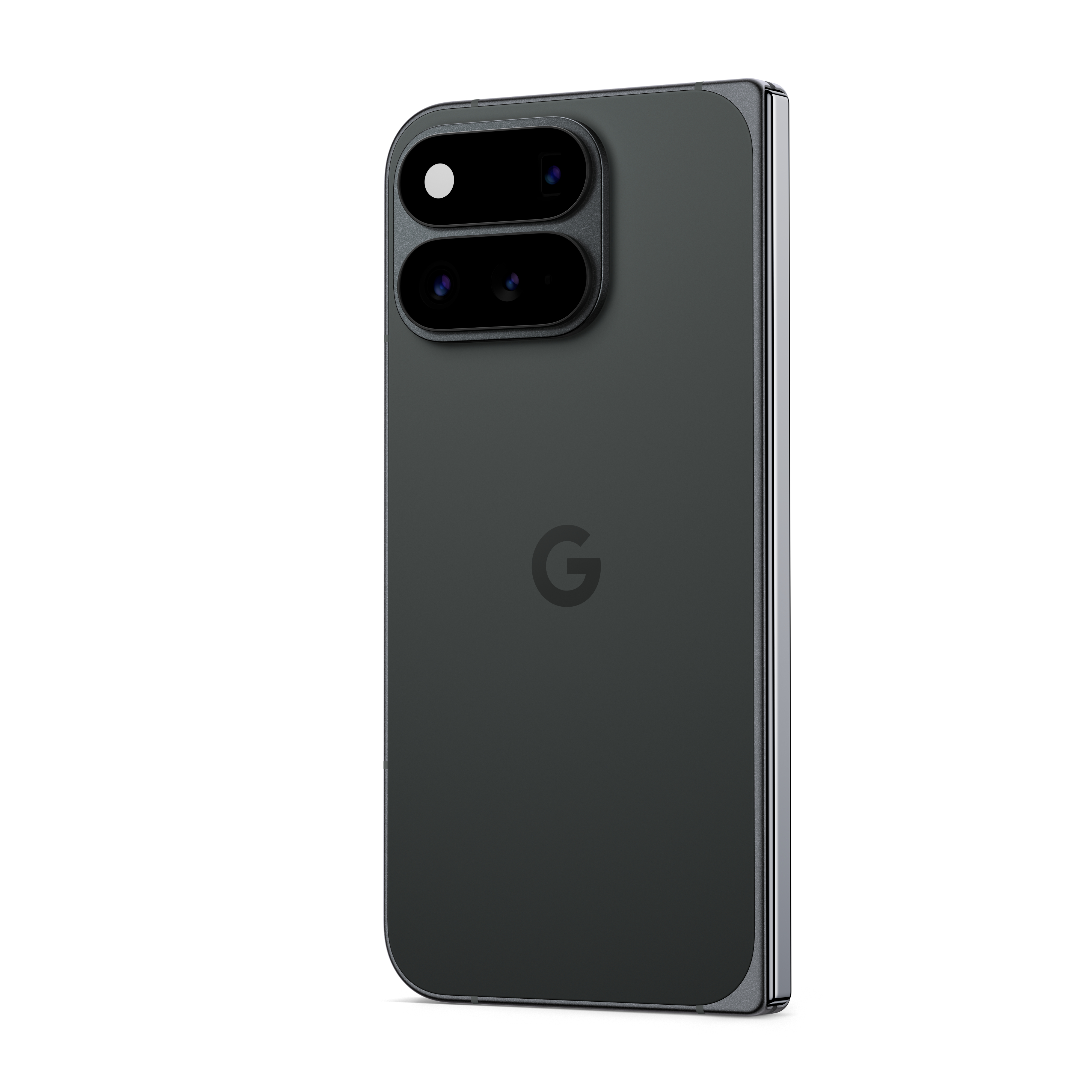 Rückseite eines dunklen Smartphones mit einem doppelten Kamera-Modul und dem Google-Logo.