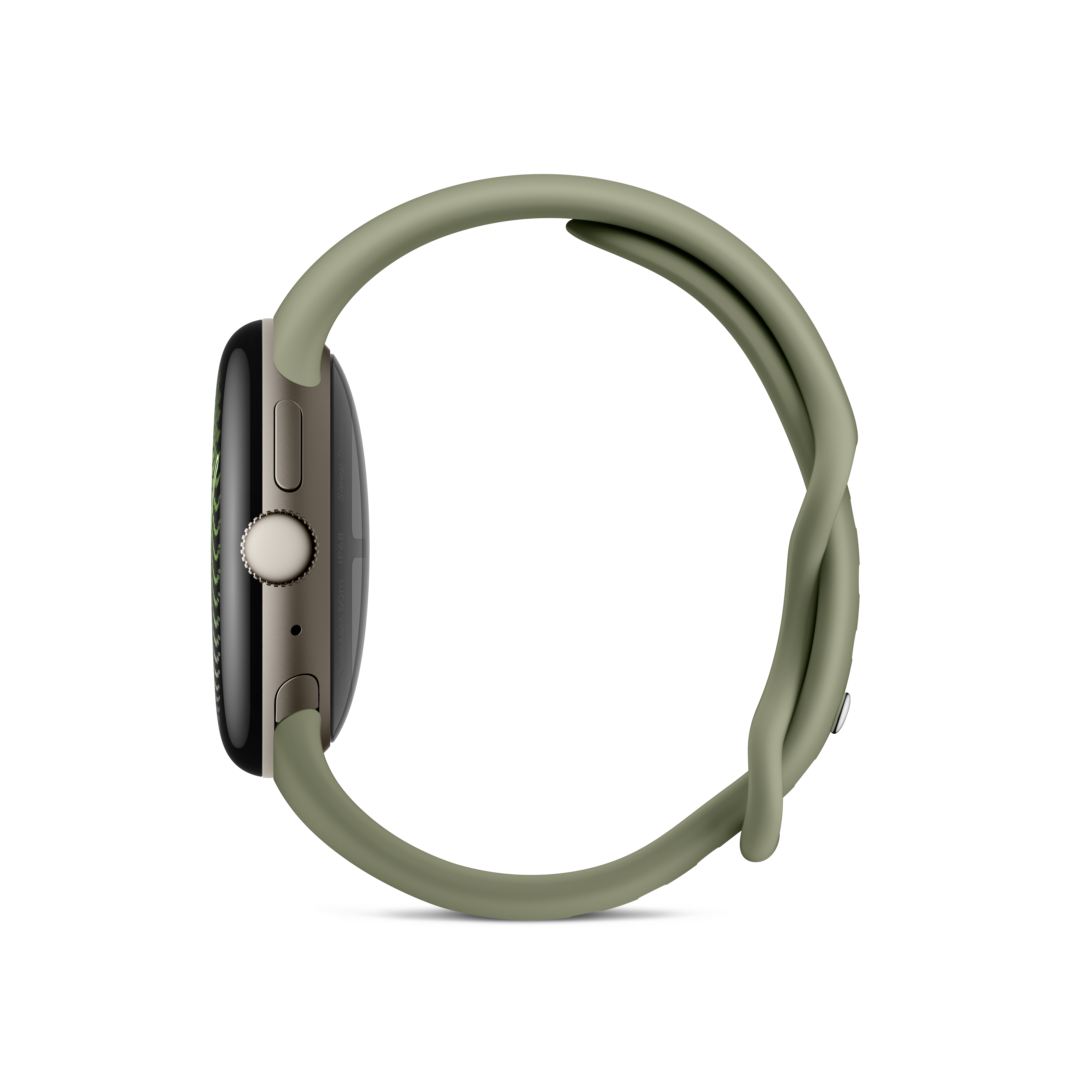 Eine Smartwatch mit bronzefarbenem Metallgehäuse und grünem Silikonarmband, seitlich vor weißem Hintergrund.