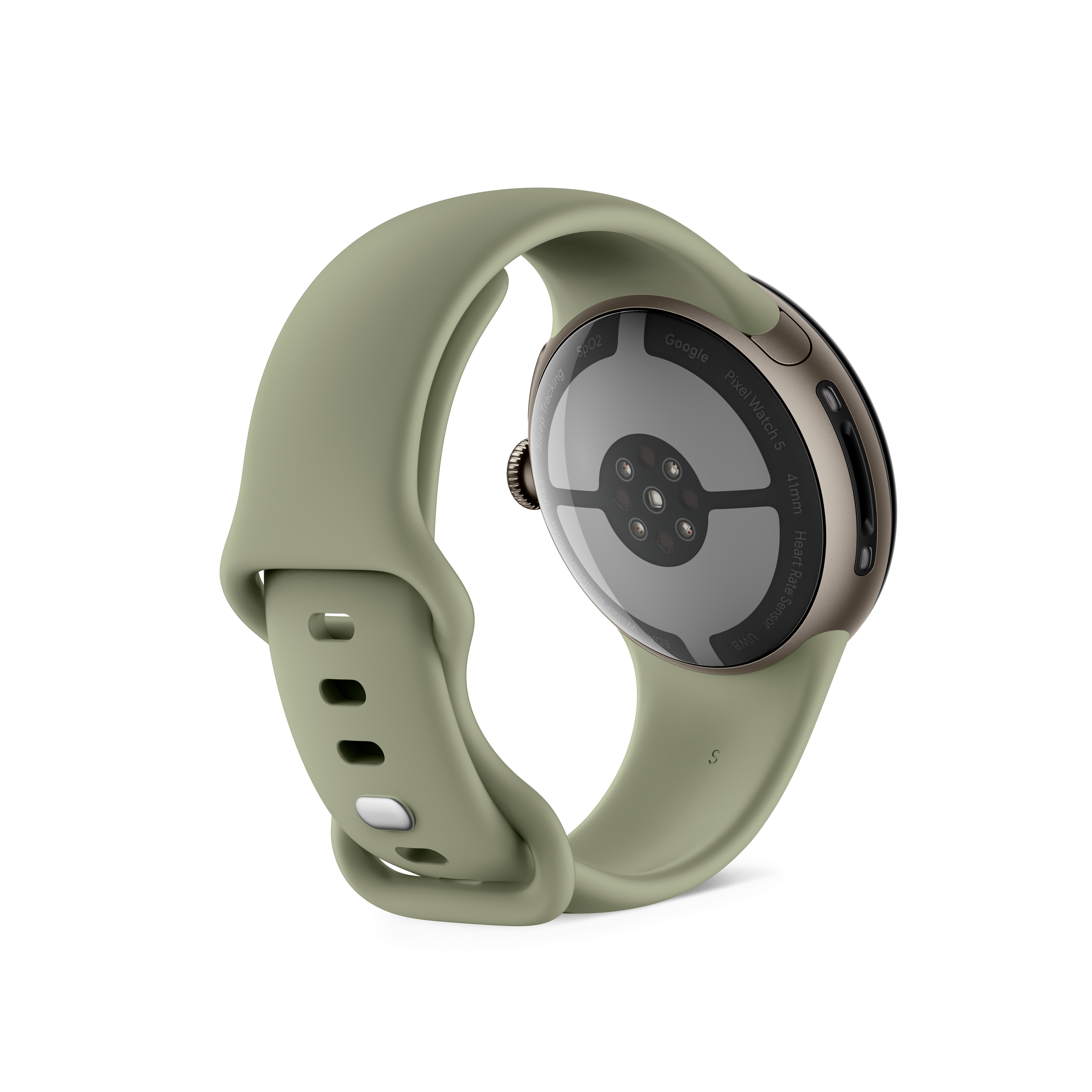 Rückseite einer grünen Smartwatch mit Sensoren auf weißem Hintergrund.