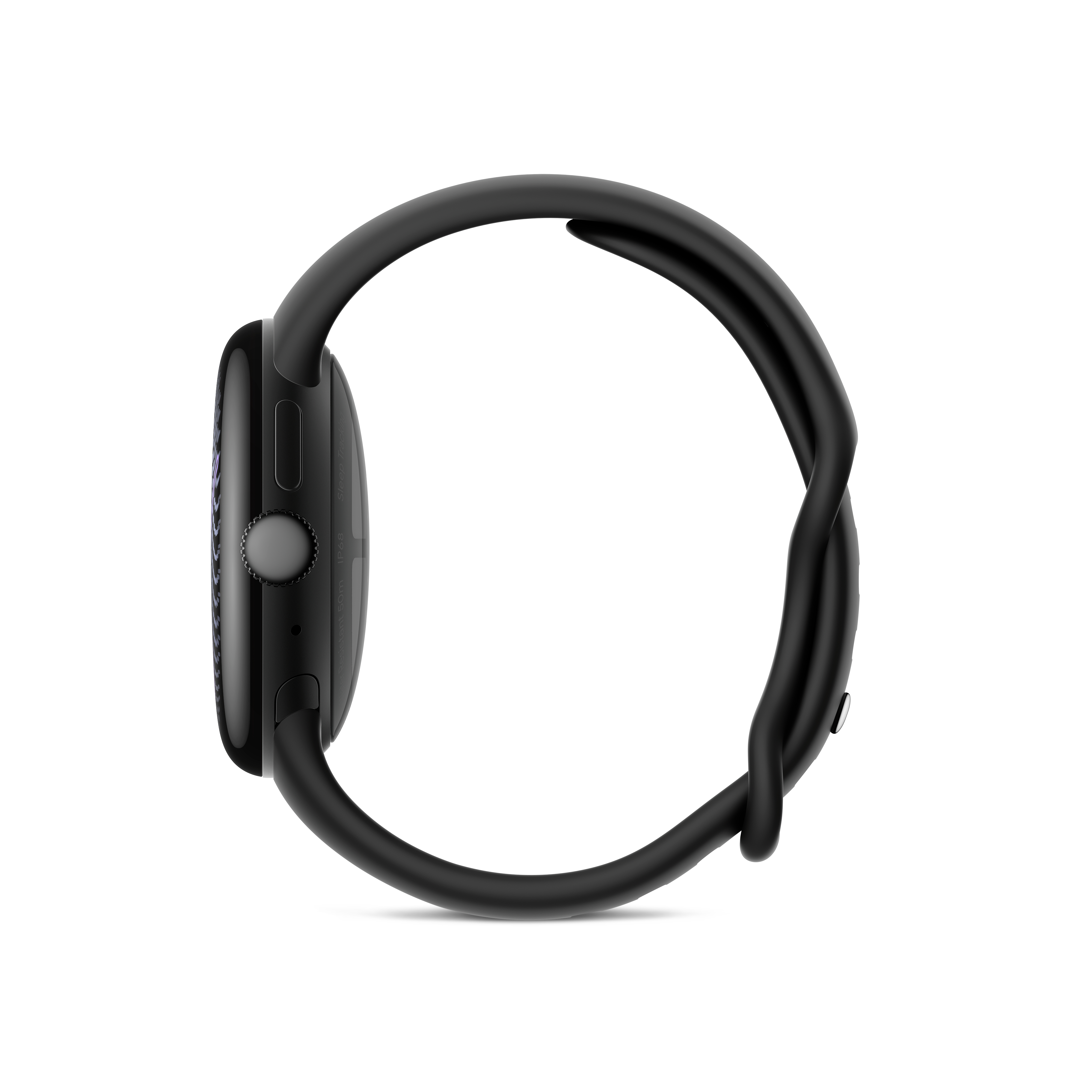 Schwarze Smartwatch in Seitenansicht mit glänzendem Gehäuse und Armband auf weißem Hintergrund.