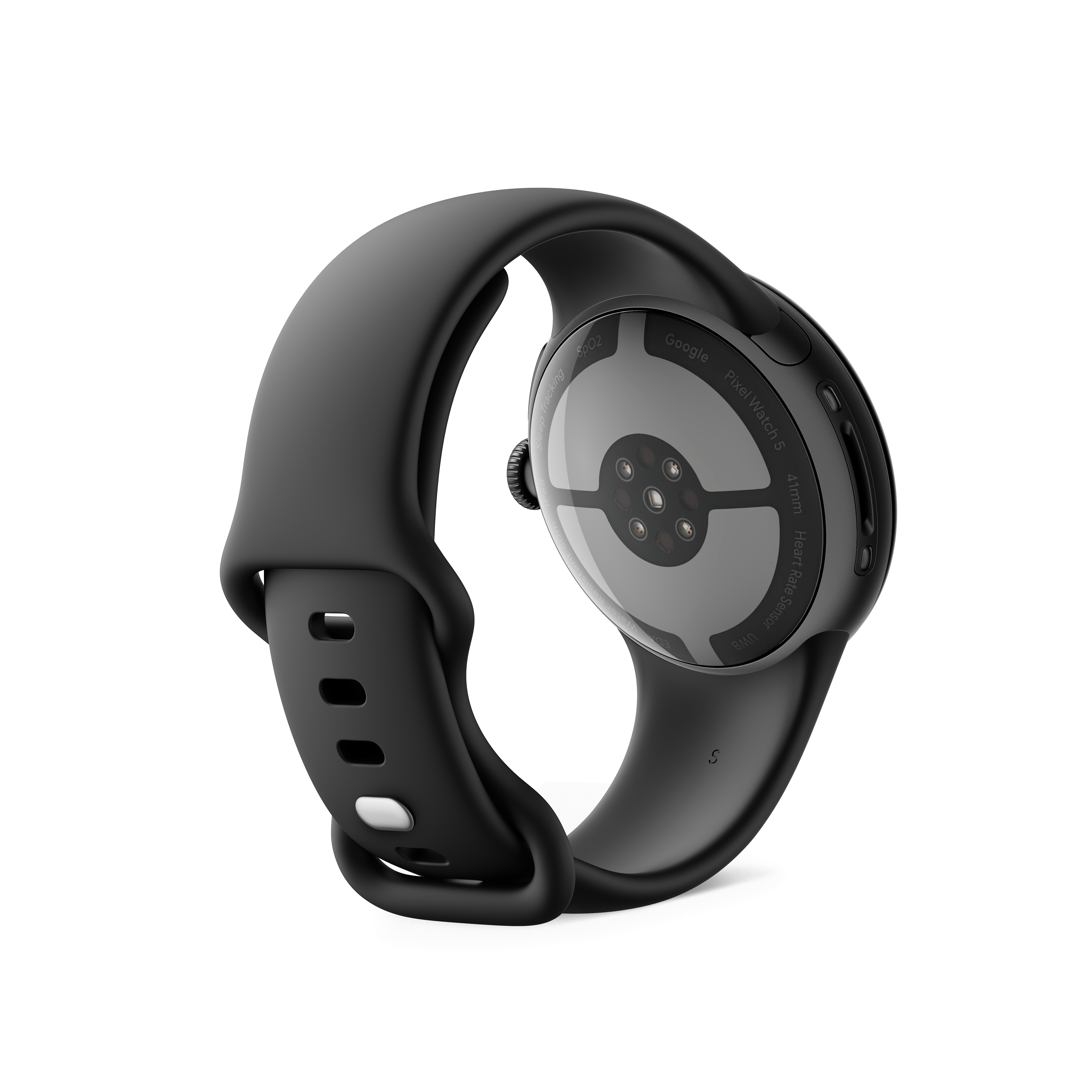 Rückseite einer schwarzen Google Pixel Watch 5 mit Silikonarmband auf weißem Hintergrund.