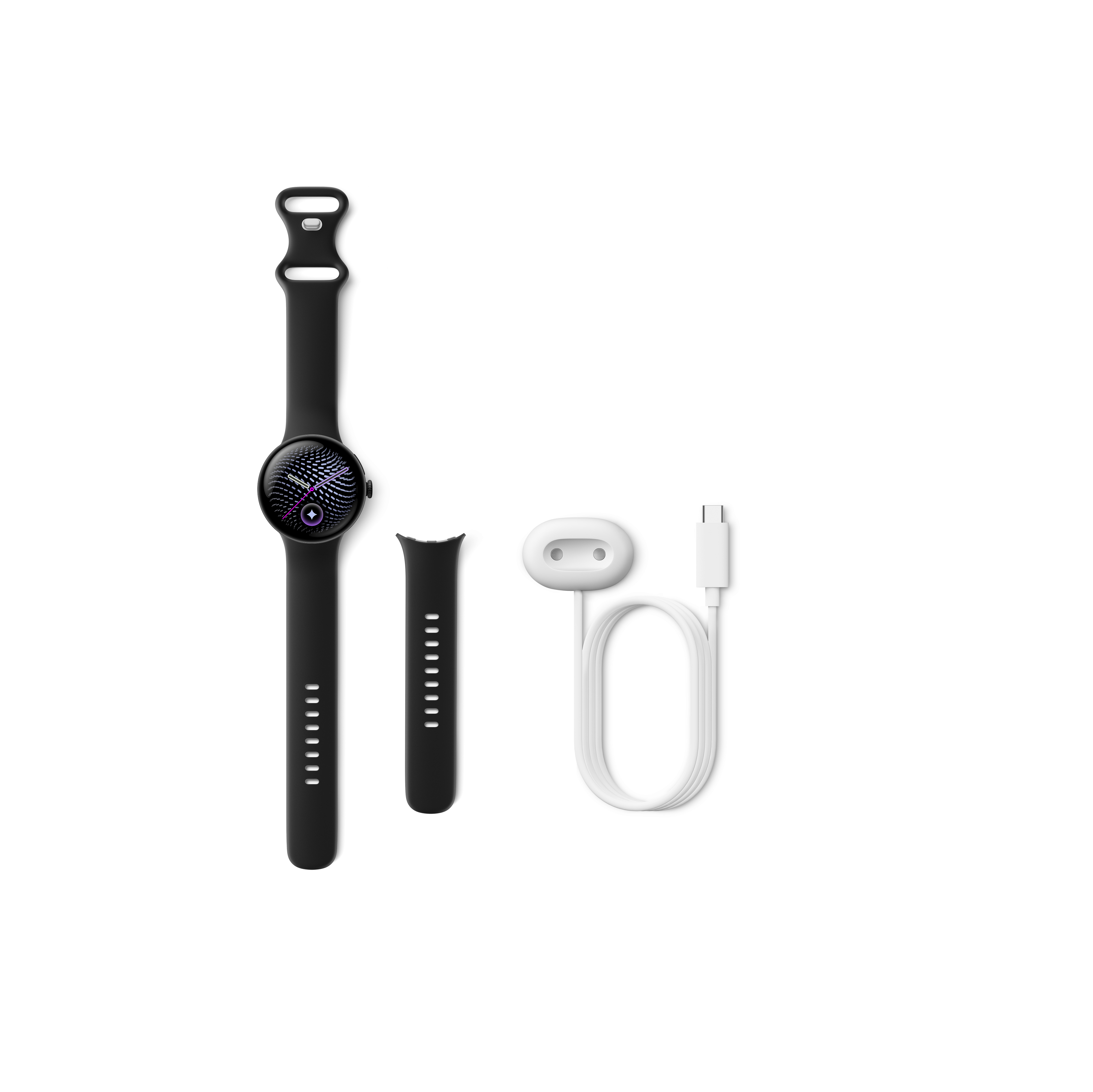 Eine schwarze Smartwatch mit einem zusätzlichen Armband und einem weißen Ladekabel auf weißem Hintergrund.