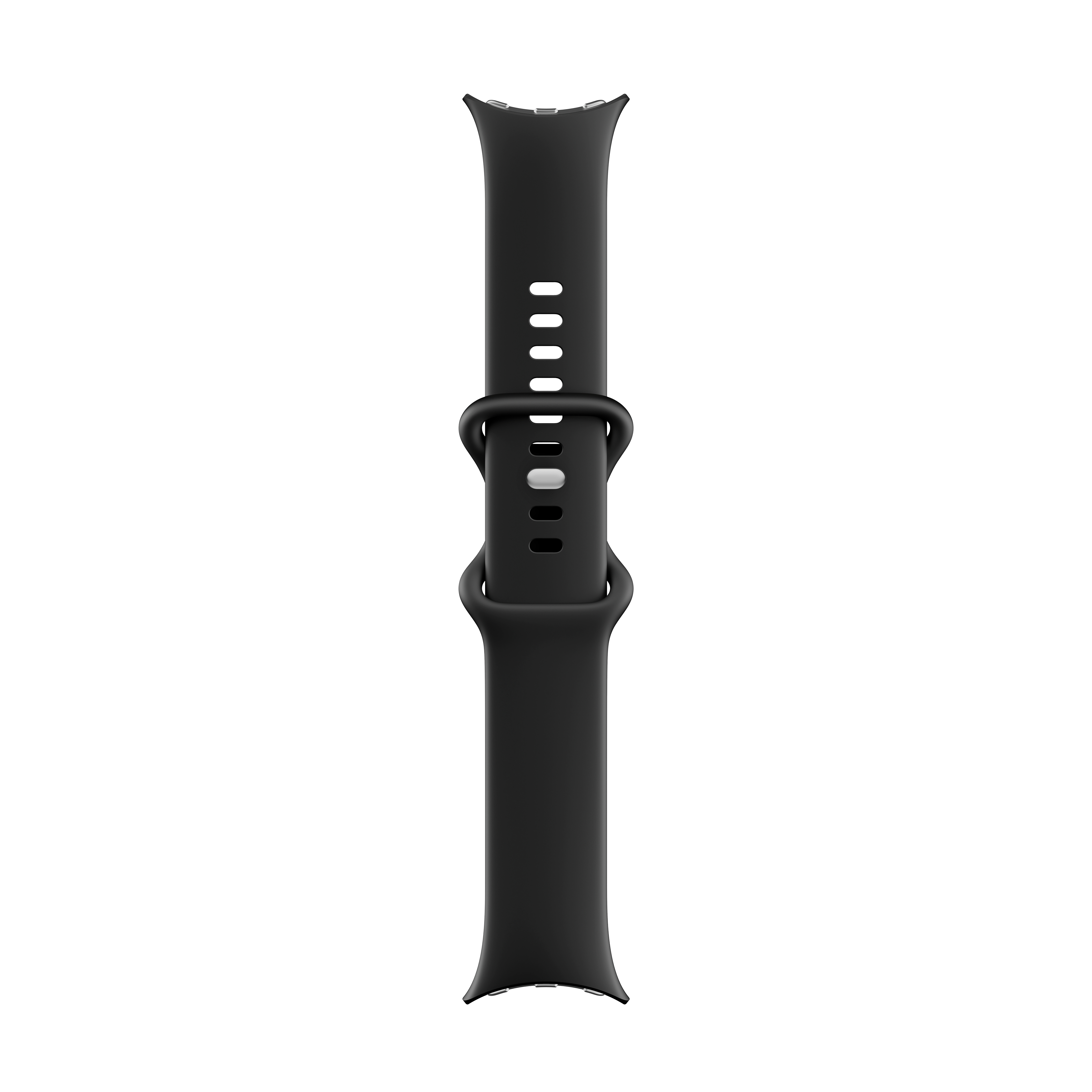 Ein schwarzes Smartwatch-Armband mit verstellbaren Löchern und einer Schlaufe auf weißem Hintergrund.