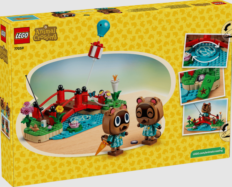 LEGO Animal Crossing Set zeigt eine Brücke, Wasser und zwei Tom Nook Figuren.