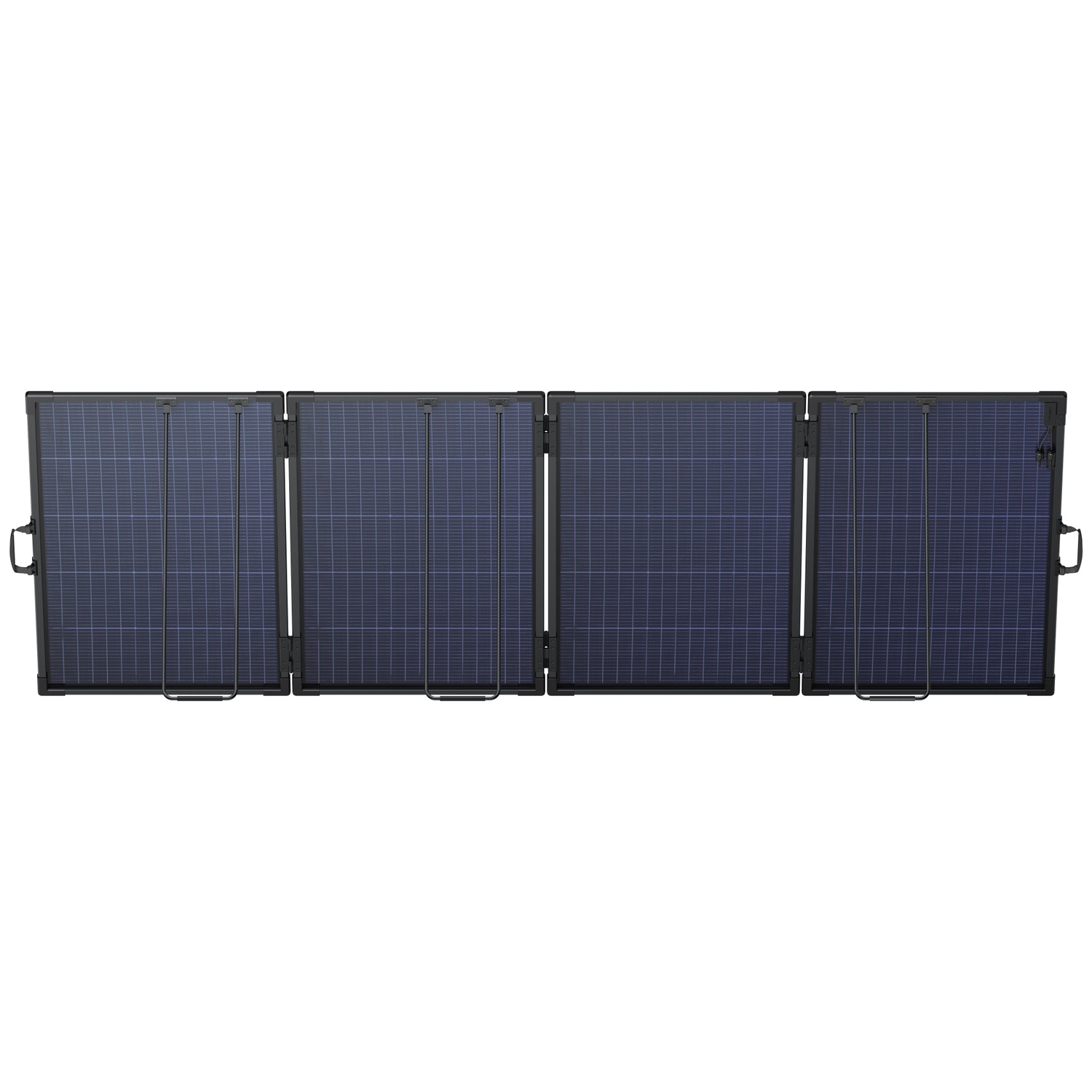 Un chargeur solaire portable à quatre panneaux avec cadre noir et cellules solaires bleues sur fond blanc.