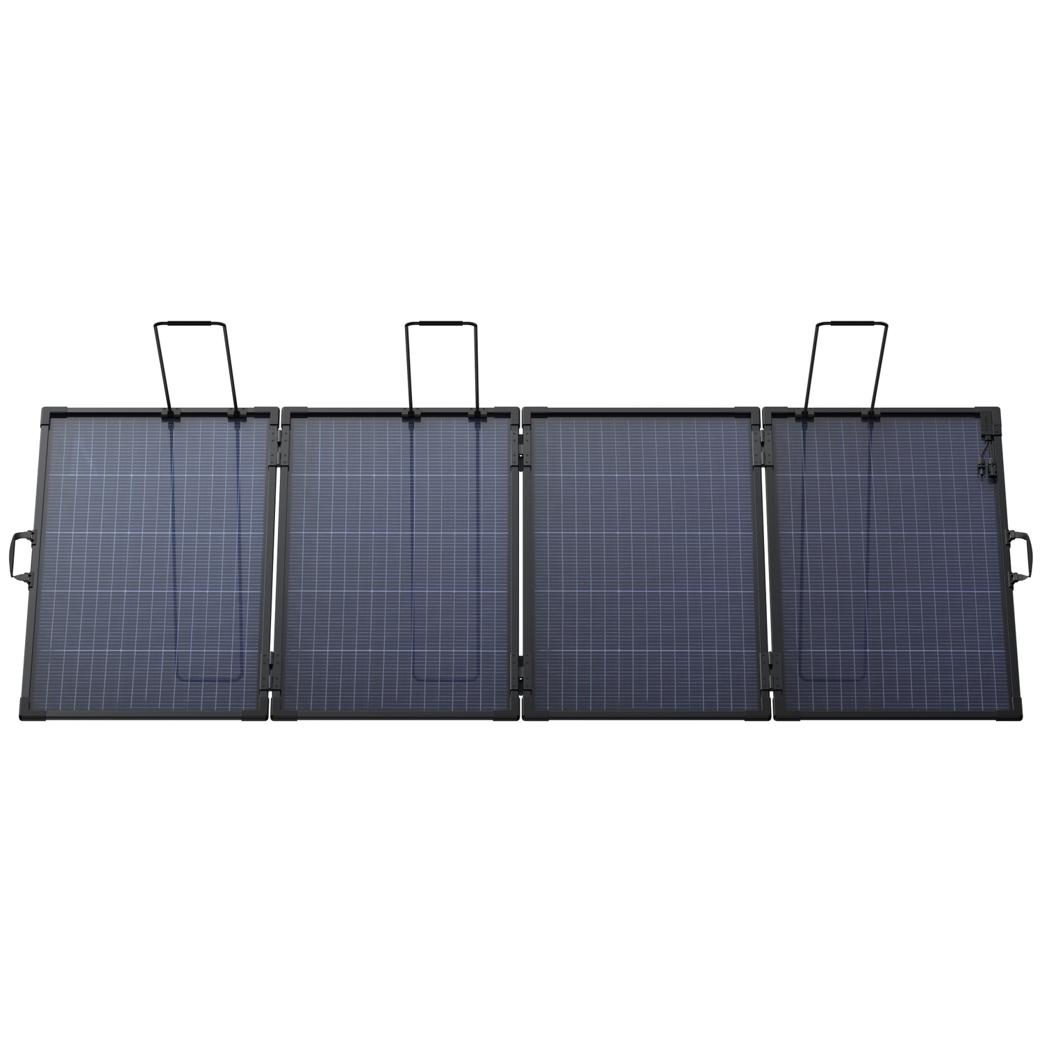 Un chargeur solaire portable à quatre panneaux avec cadres, supports et poignées noirs sur fond blanc.