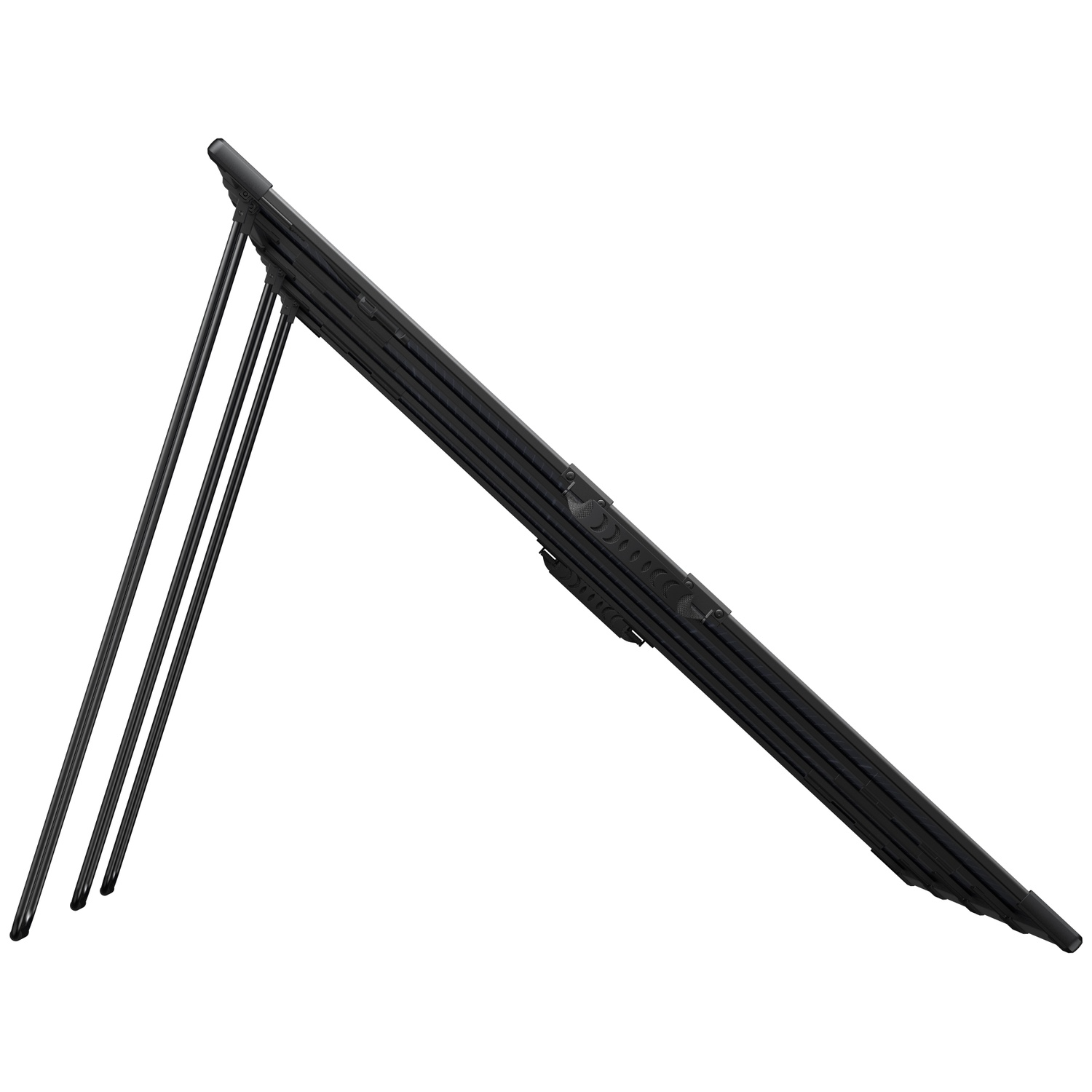 Vue de profil d'un panneau solaire portable noir avec trois supports sur fond blanc.