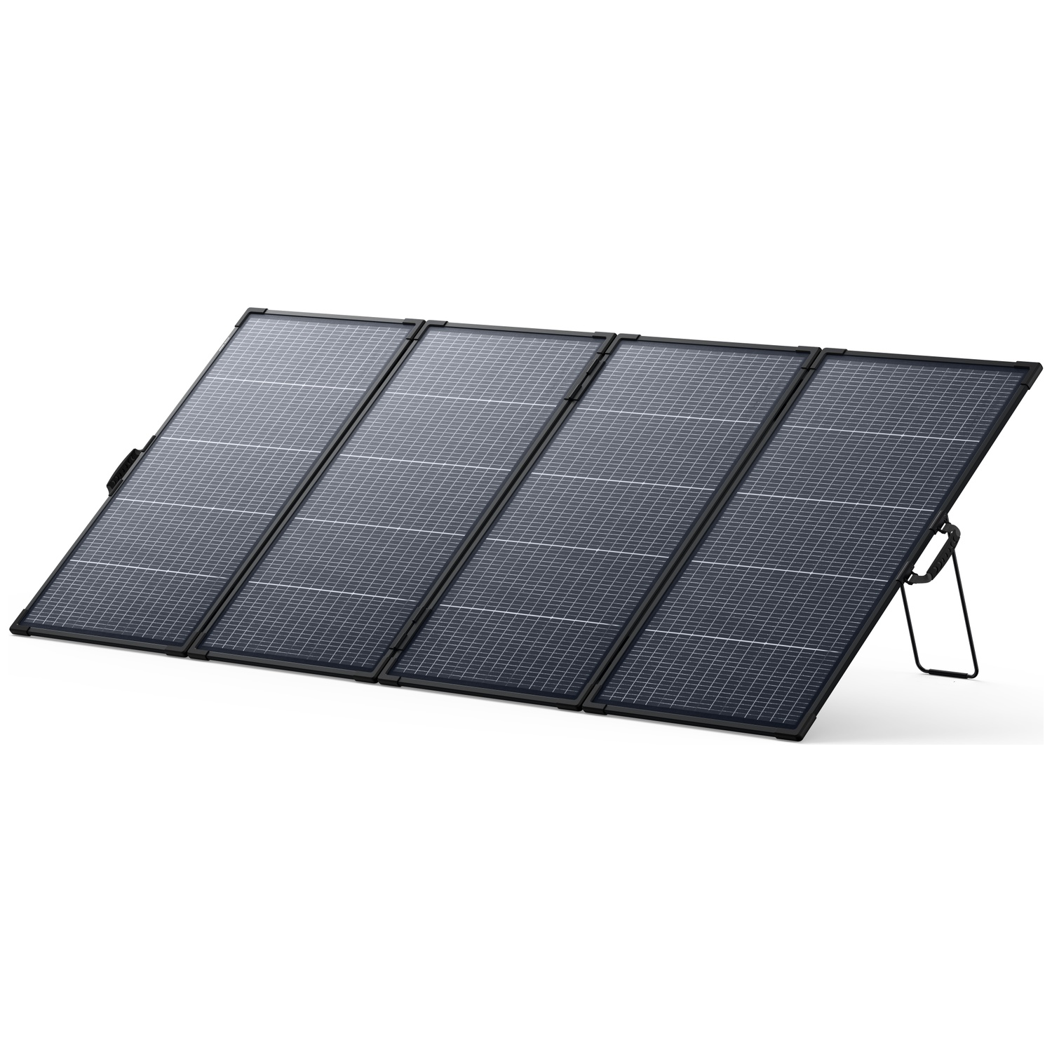 Panneau solaire noir portable avec quatre sections pliables sur fond blanc.