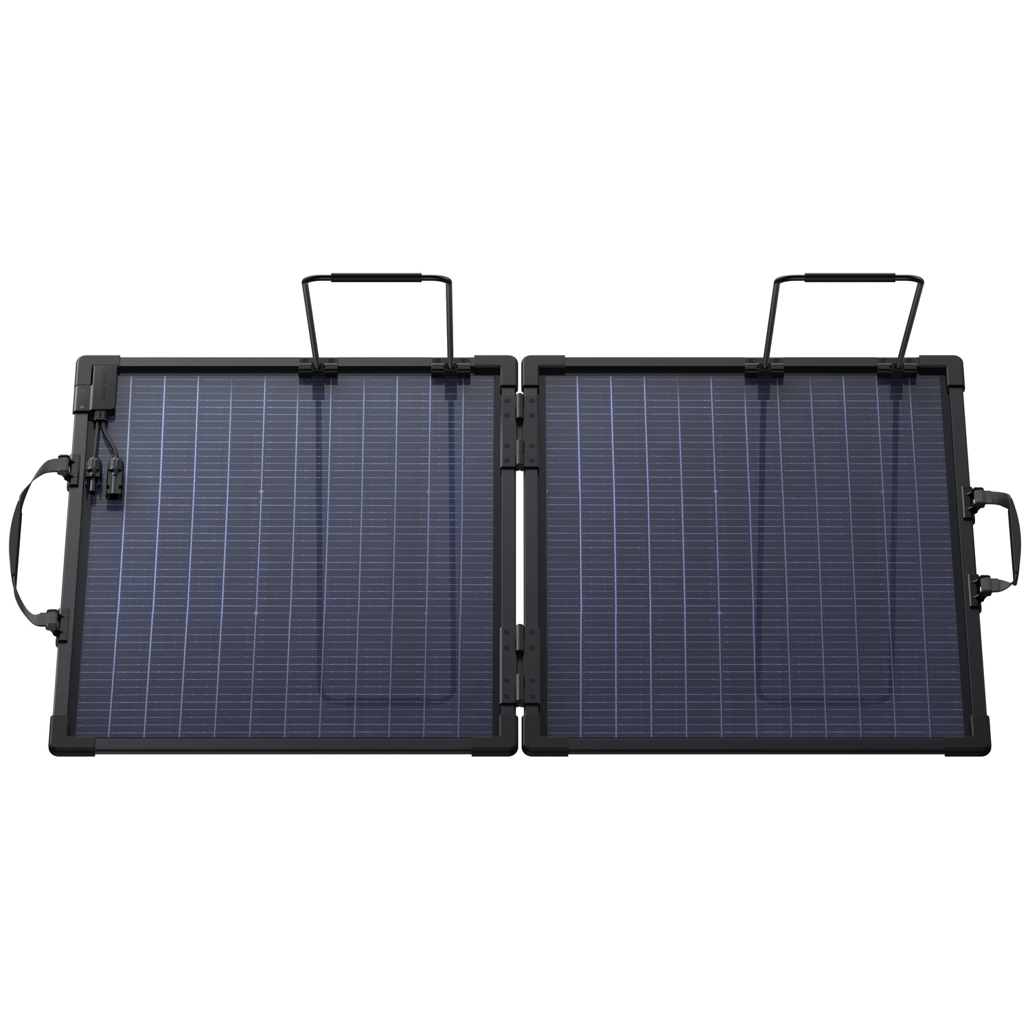 Een draagbaar, zwart opvouwbaar zonnepaneel met twee panelen, handvatten en kabels.