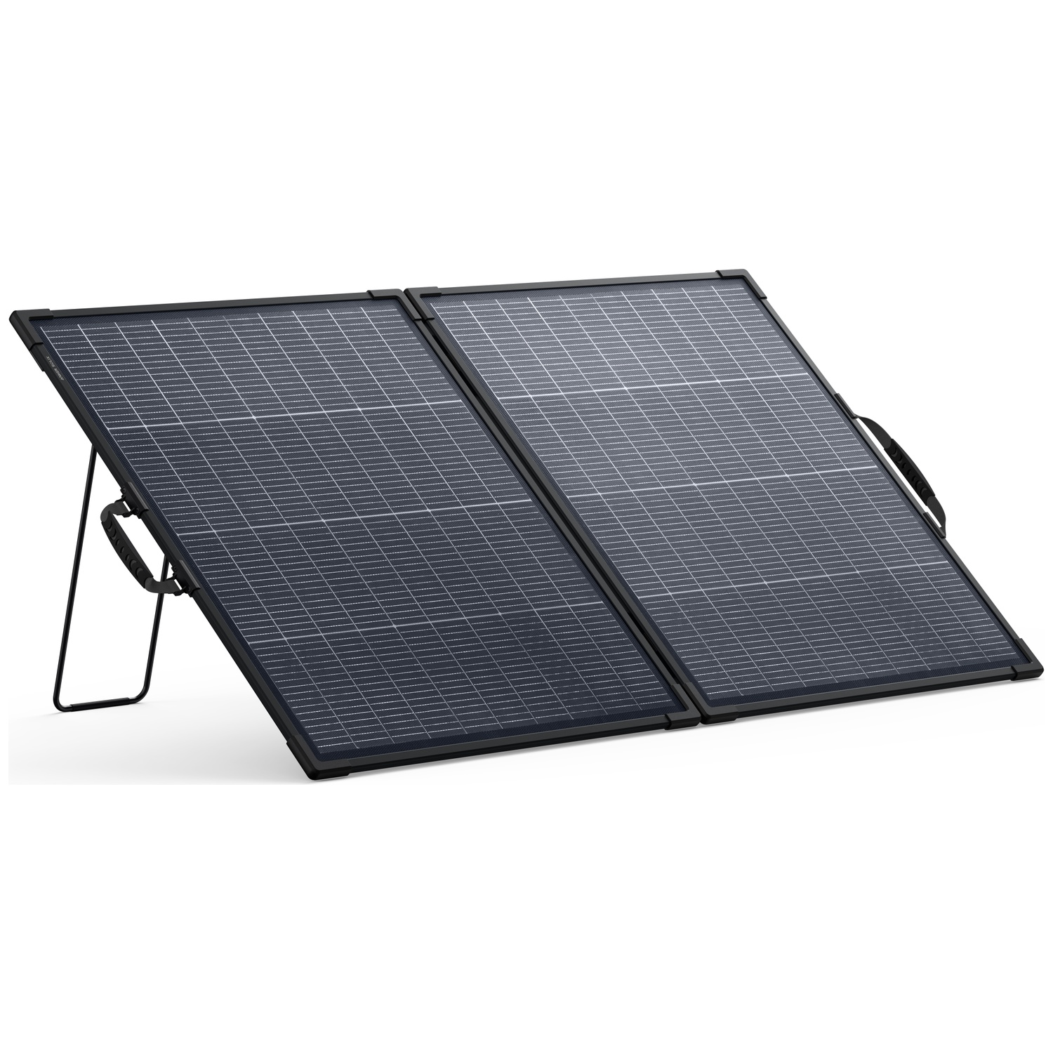 Un panneau solaire portable et pliable avec deux modules noirs, des supports et des poignées sur fond blanc.